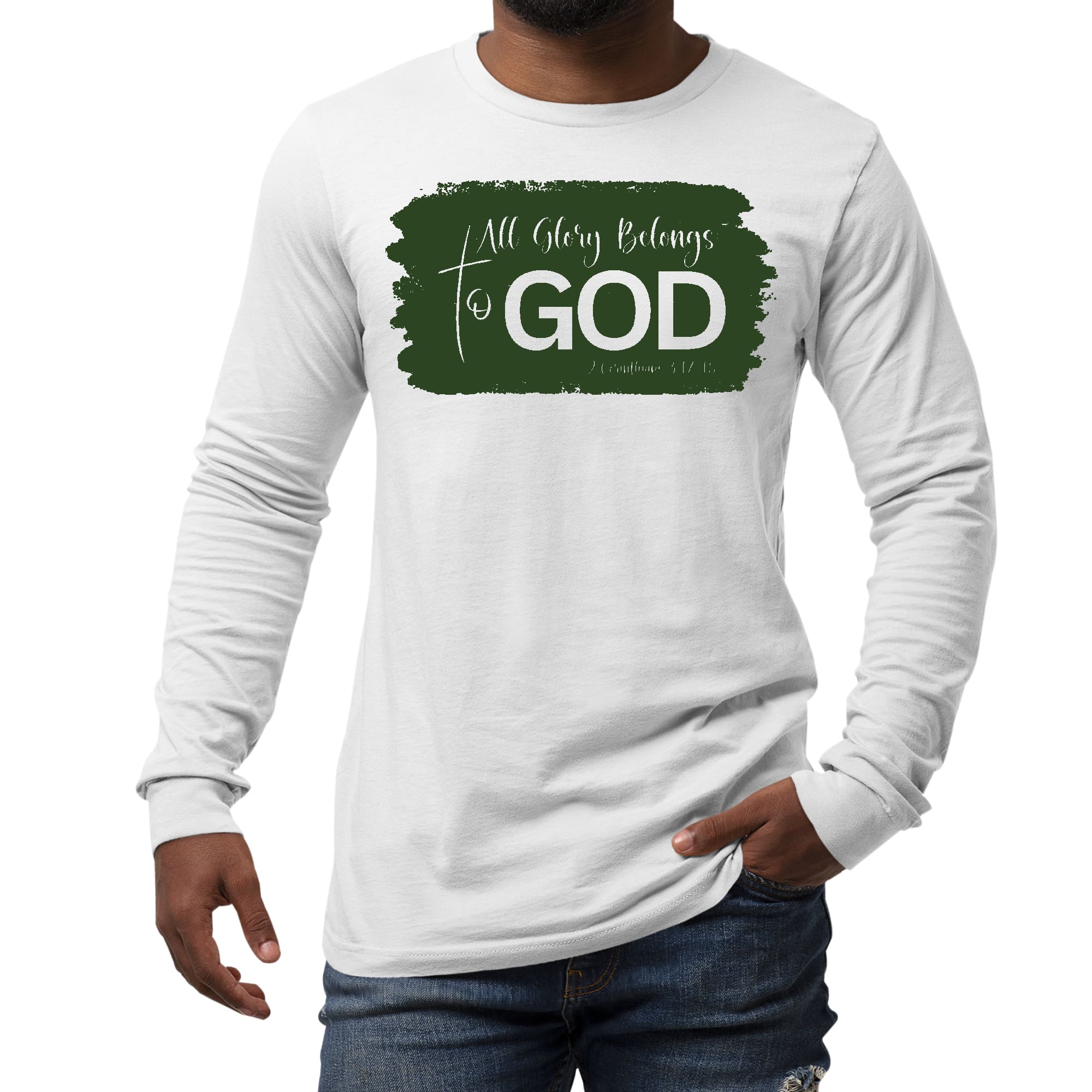 Men's long sleeve graphic t-shirt in dark green featuring 'All Glory Belongs to God' illustration, made from soft cotton.