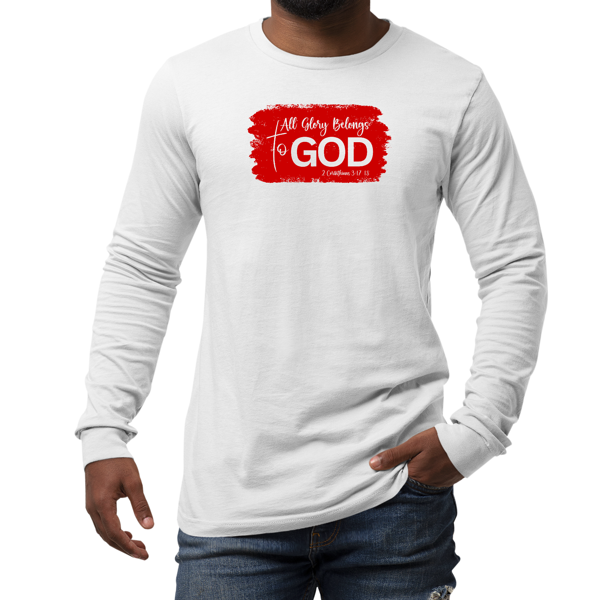 Men's Long Sleeve Graphic T-shirt in red featuring 'All Glory Belongs to God' design, showcasing a stylish and comfortable fit.