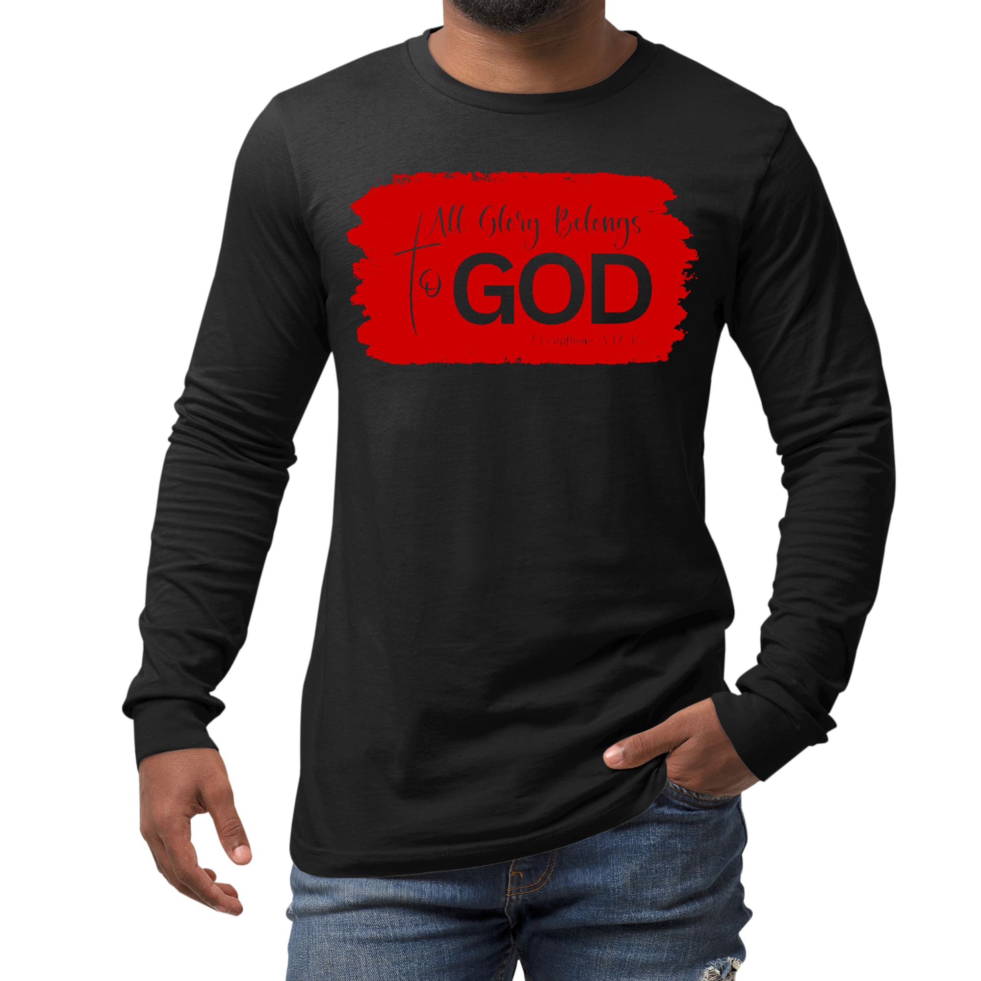 Men's Long Sleeve Graphic T-shirt in red featuring 'All Glory Belongs to God' design, showcasing a stylish and comfortable fit.