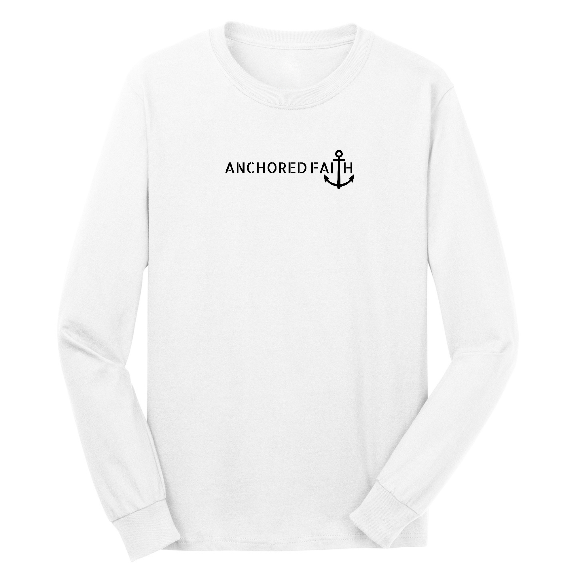 Mens Long Sleeve Graphic T-shirt in black featuring Anchored Faith design, made from soft preshrunk cotton with a classic fit.