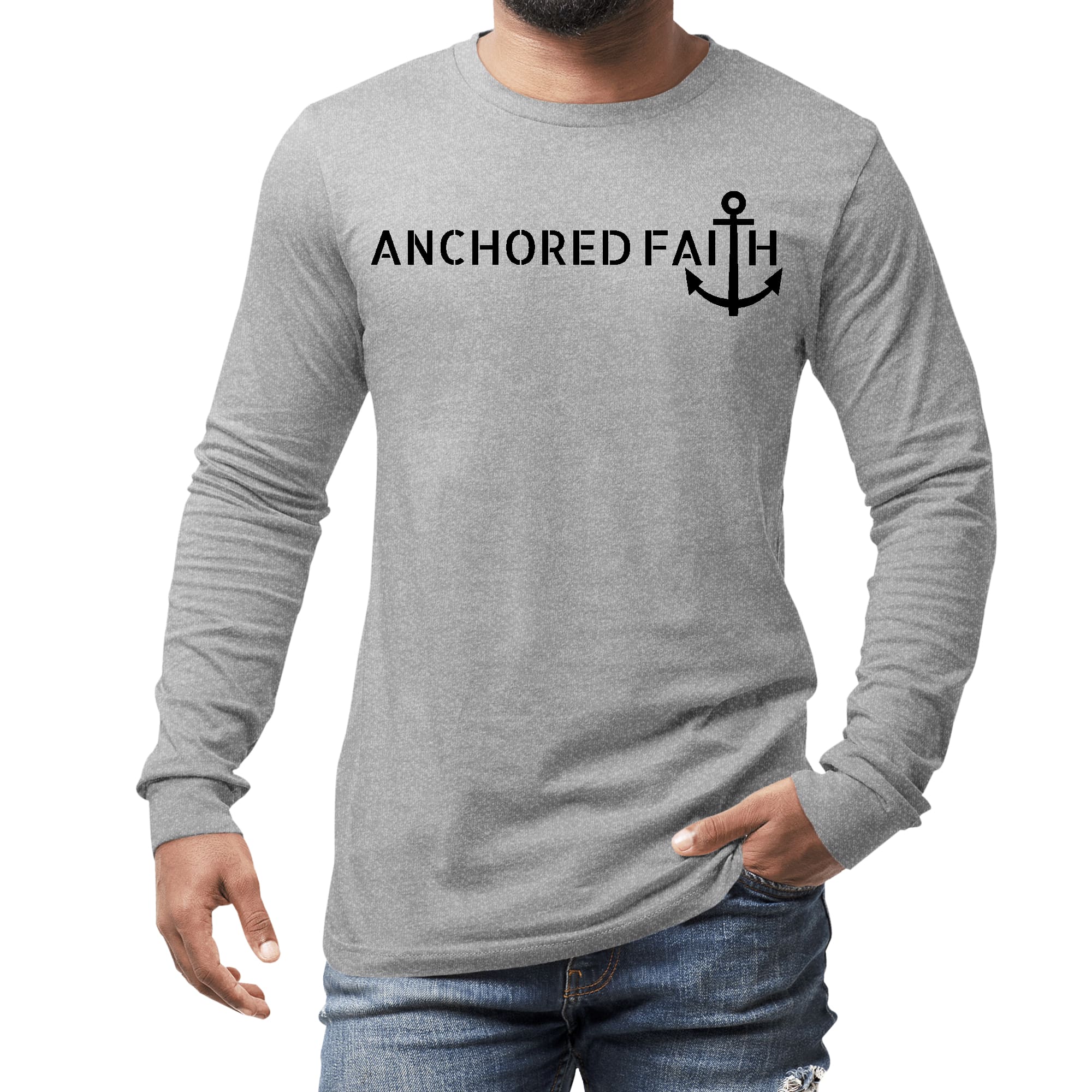 Mens Long Sleeve Graphic T-shirt in black featuring Anchored Faith design, made from soft preshrunk cotton with a classic fit.