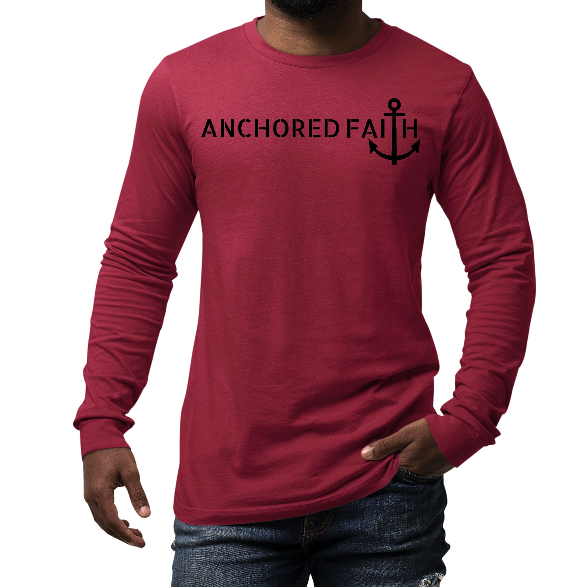 Mens Long Sleeve Graphic T-shirt in black featuring Anchored Faith design, made from soft preshrunk cotton with a classic fit.