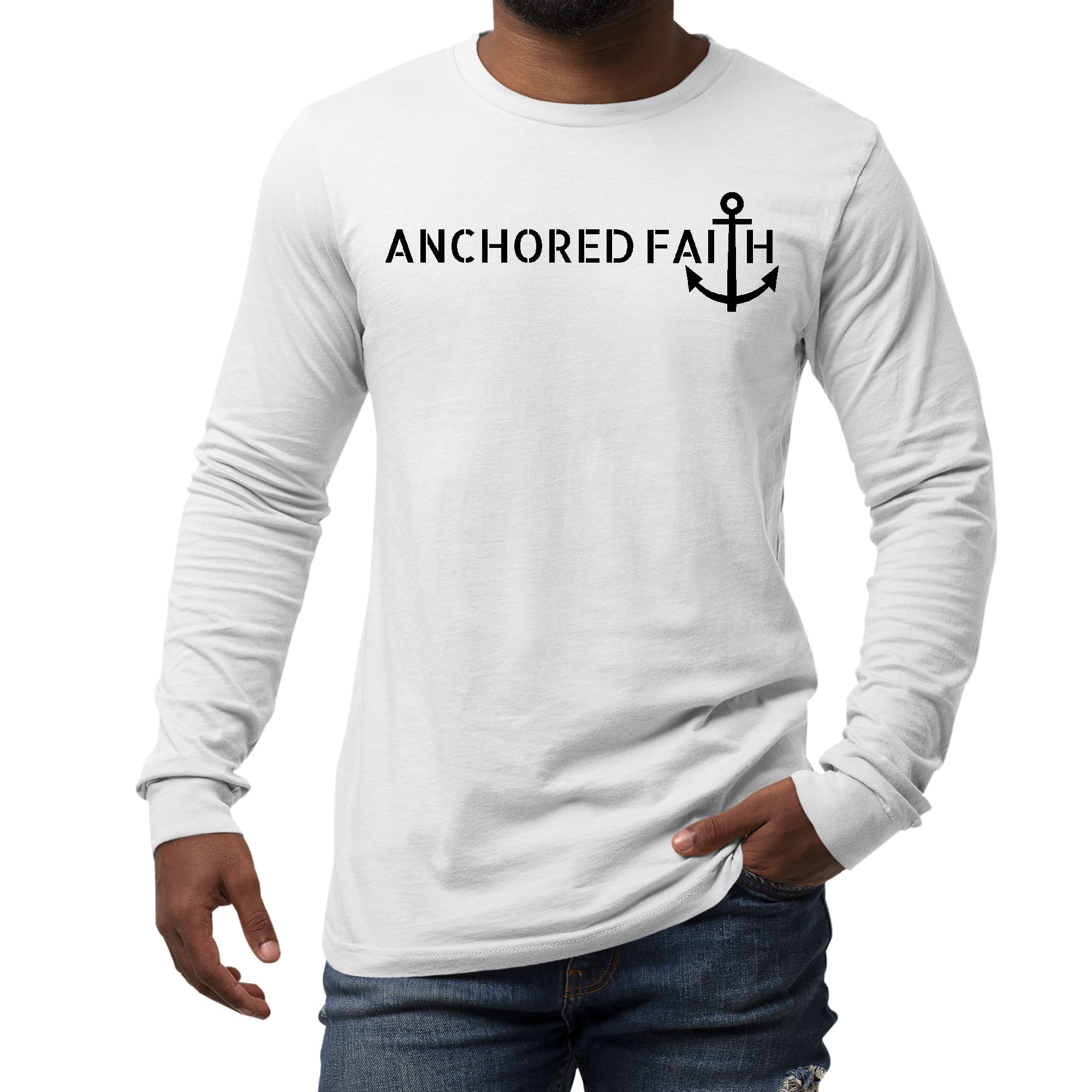 Mens Long Sleeve Graphic T-shirt in black featuring Anchored Faith design, made from soft preshrunk cotton with a classic fit.