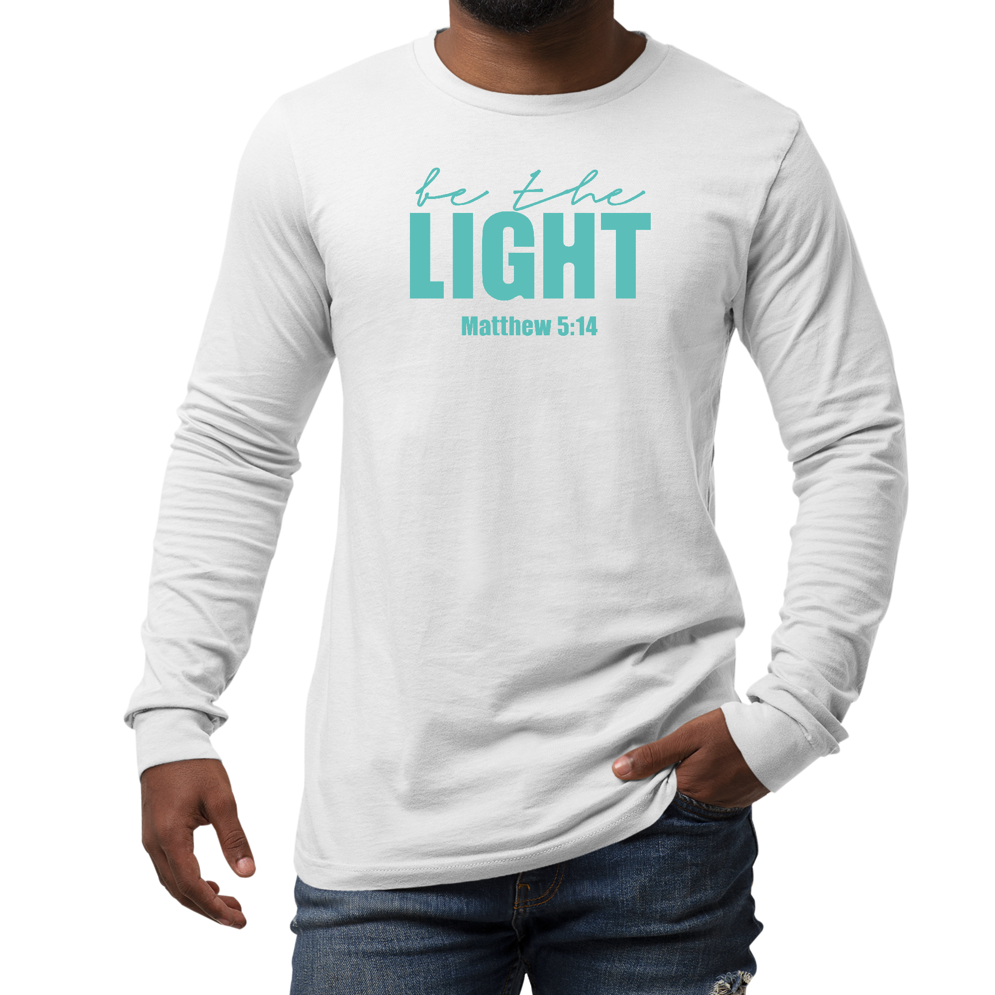 Men's long sleeve graphic t-shirt in green featuring 'Be the Light' inspirational print, showcasing a stylish and comfortable design.