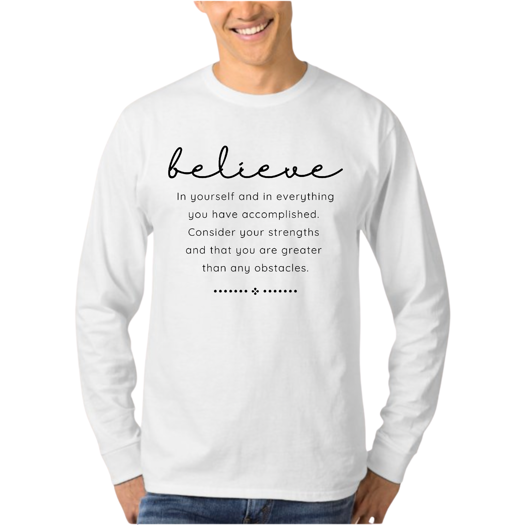 Men's Long Sleeve Graphic T-shirt in black with 'Believe in Yourself' inspirational print, showcasing a comfortable fit and quality fabric.