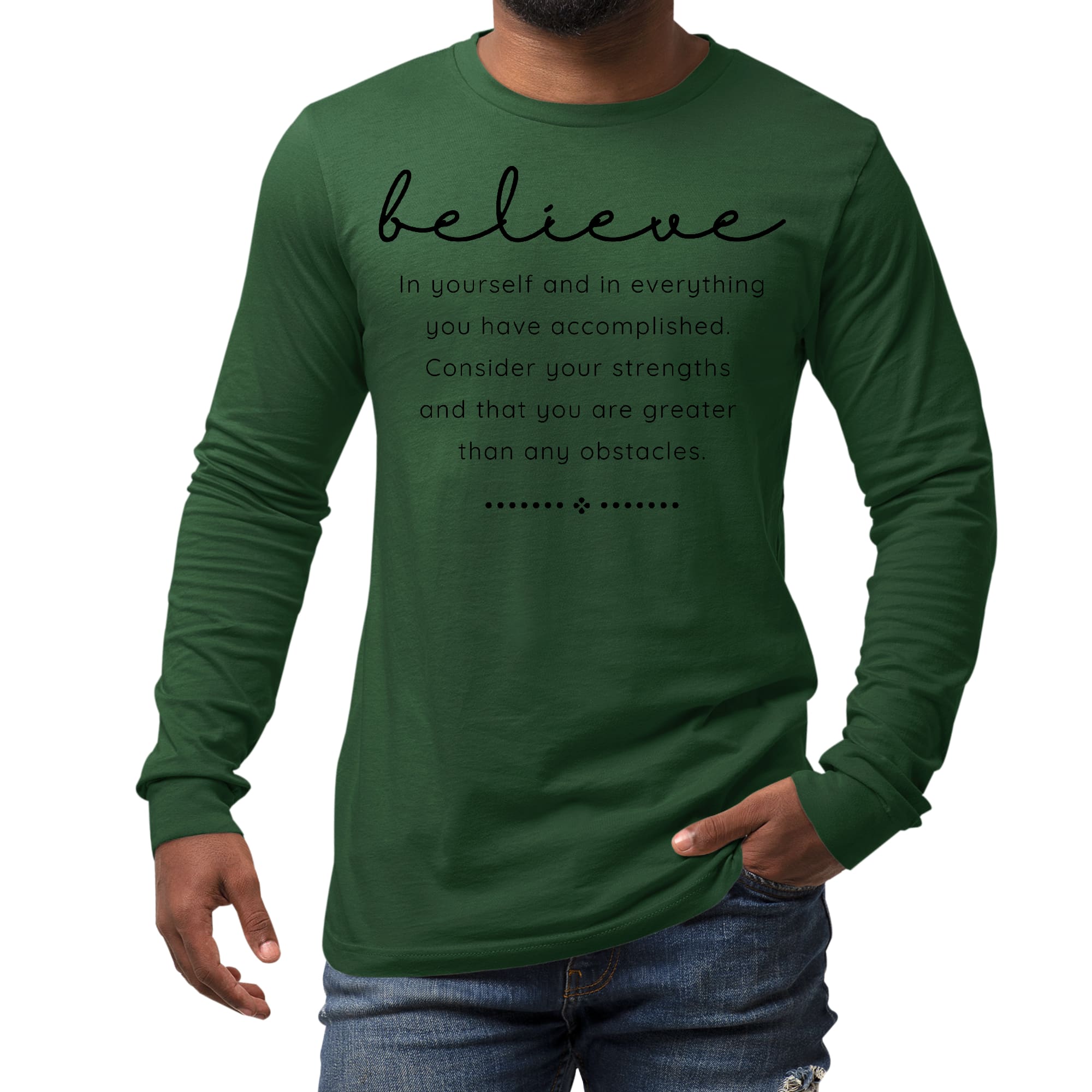 Men's Long Sleeve Graphic T-shirt in black with 'Believe in Yourself' inspirational print, showcasing a comfortable fit and quality fabric.