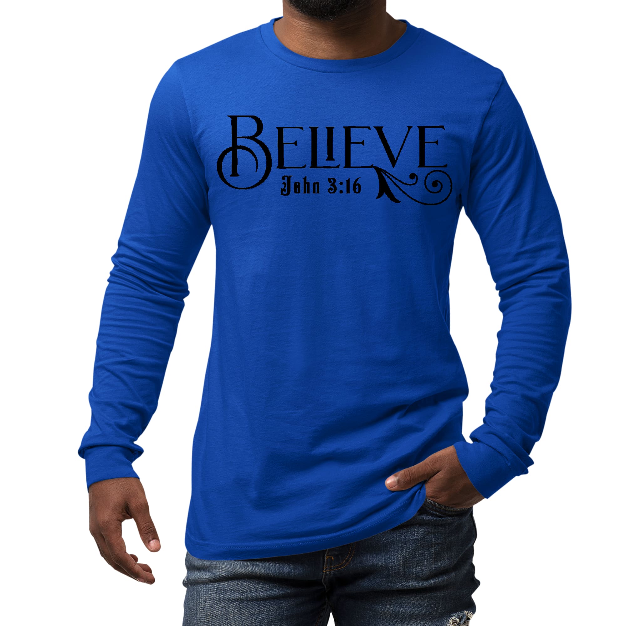 Men's long sleeve graphic t-shirt featuring the Believe John 3:16 illustration in black, made from soft preshrunk cotton.