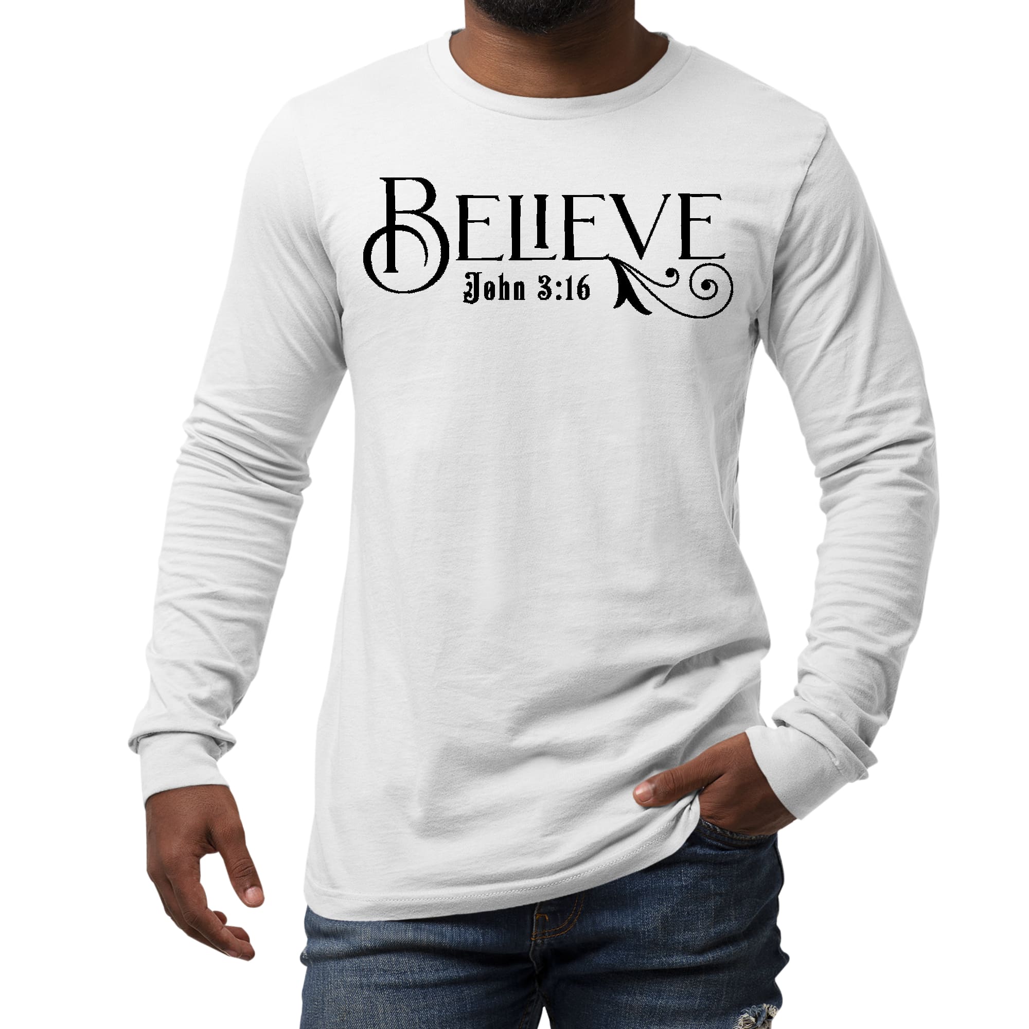 Men's long sleeve graphic t-shirt featuring the Believe John 3:16 illustration in black, made from soft preshrunk cotton.