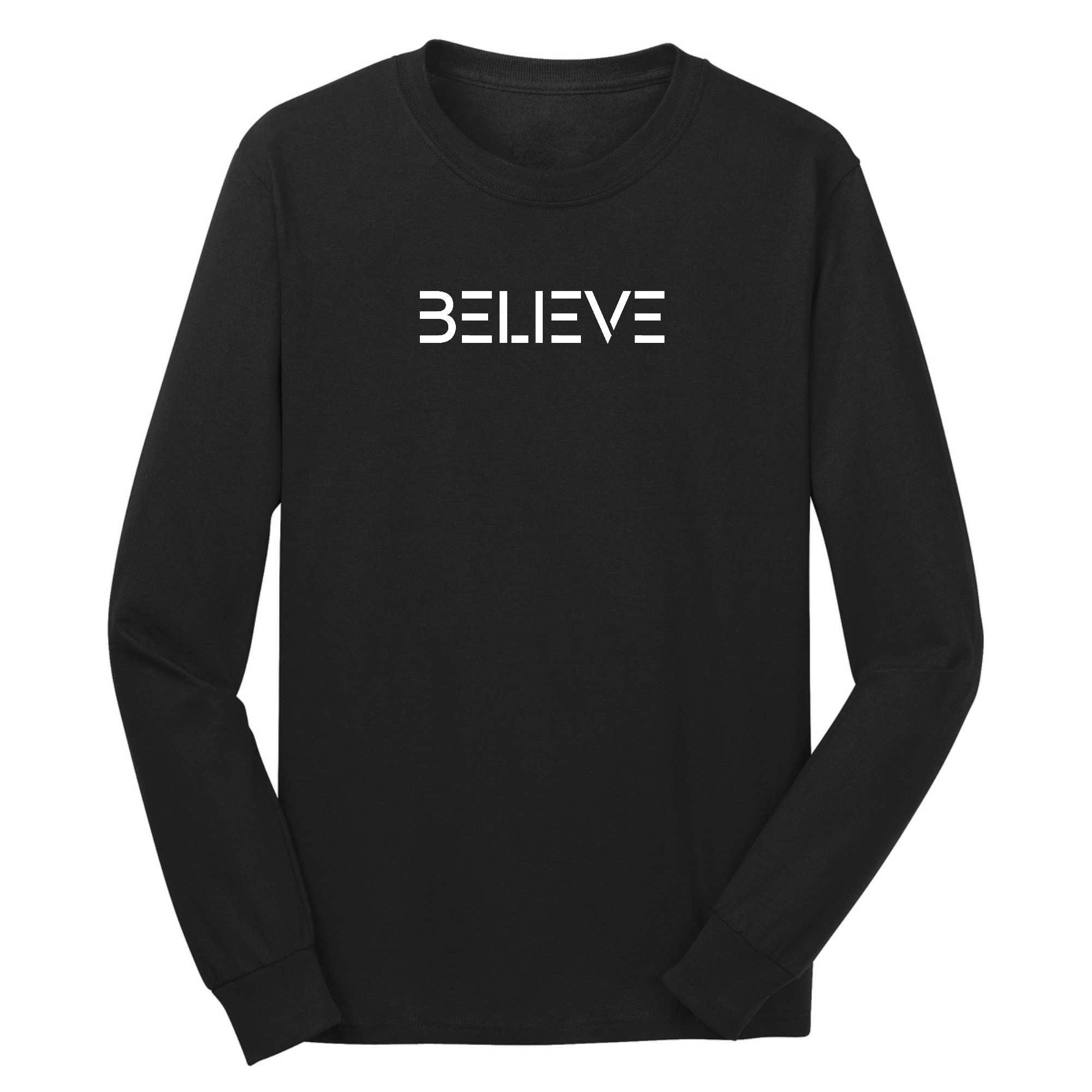 Men's long sleeve graphic t-shirt featuring a white 'Believe' print, made from soft preshrunk cotton for comfort and durability.