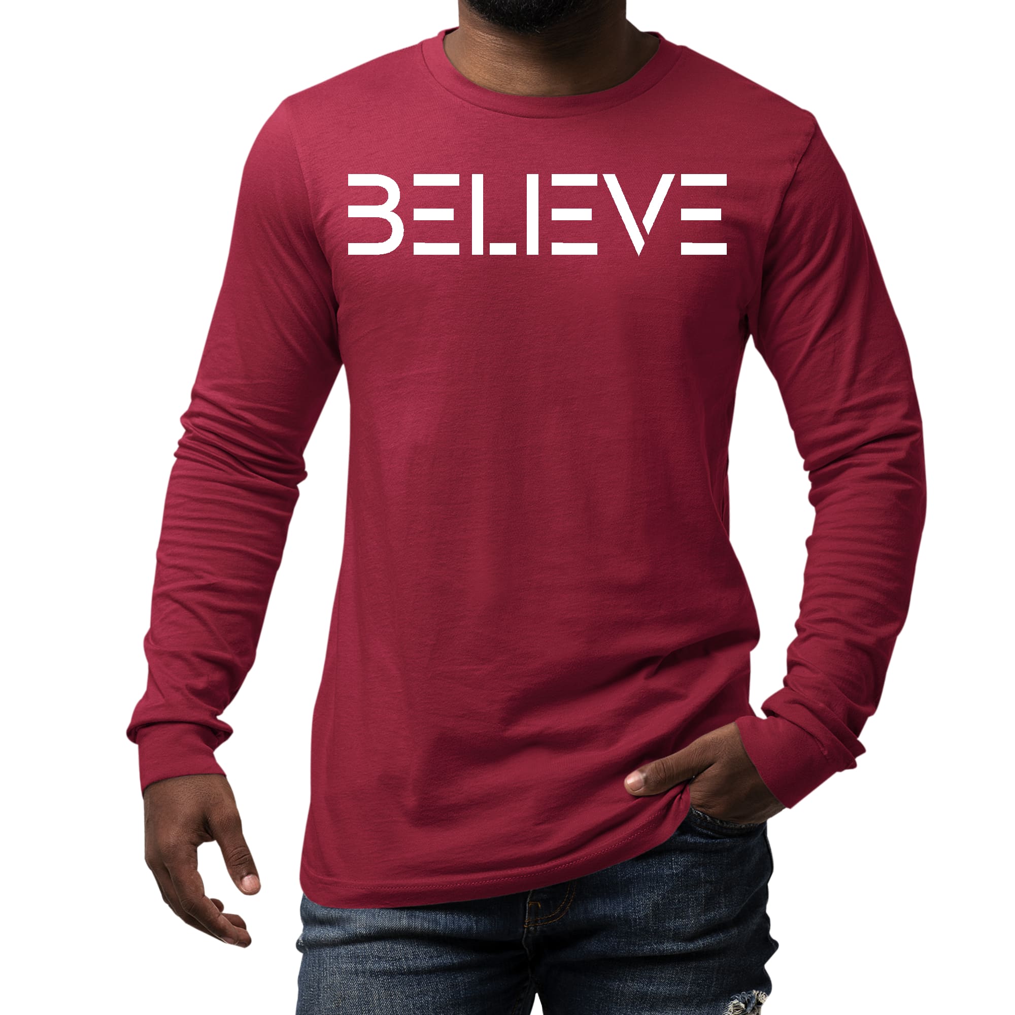 Men's long sleeve graphic t-shirt featuring a white 'Believe' print, made from soft preshrunk cotton for comfort and durability.