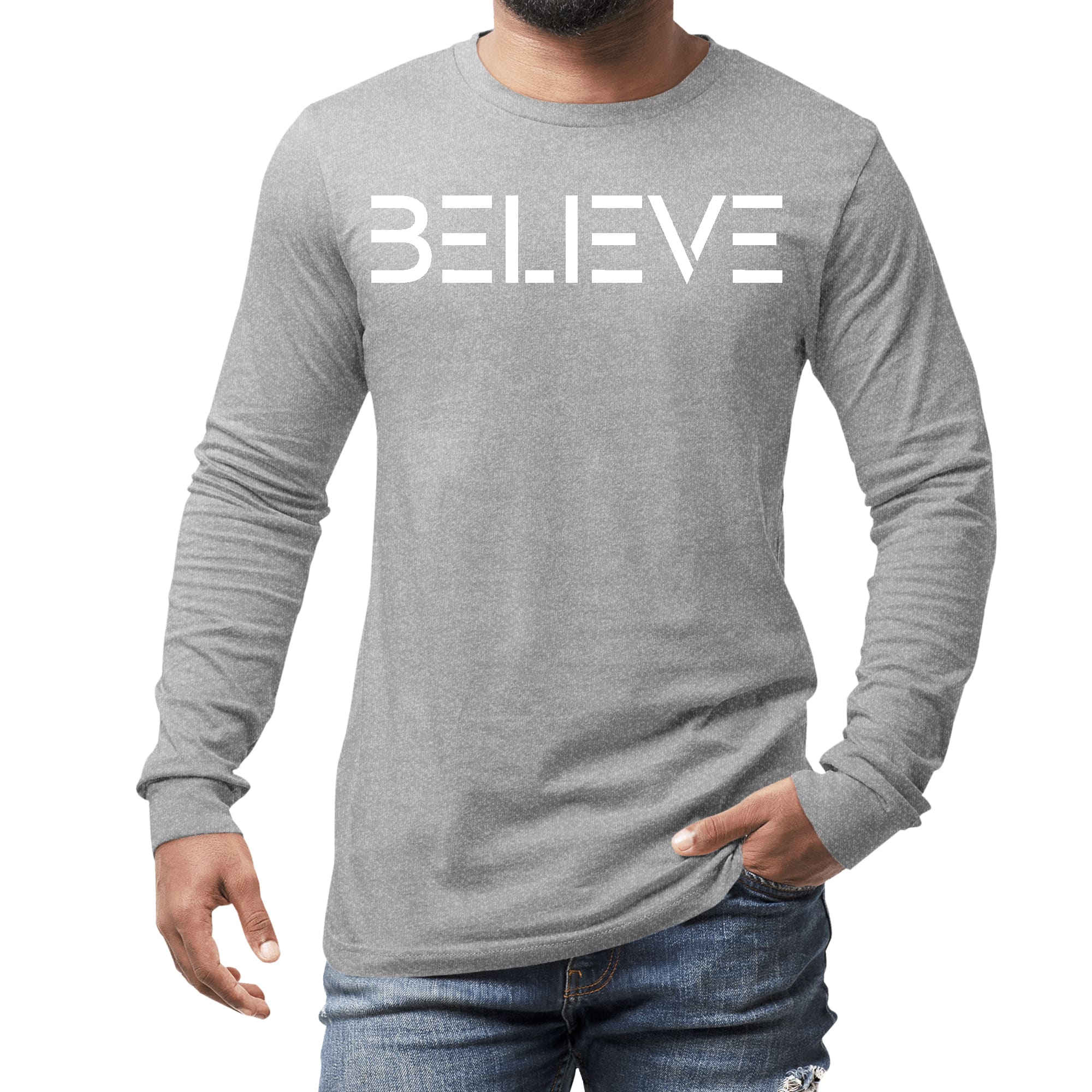 Men's long sleeve graphic t-shirt featuring a white 'Believe' print, made from soft preshrunk cotton for comfort and durability.