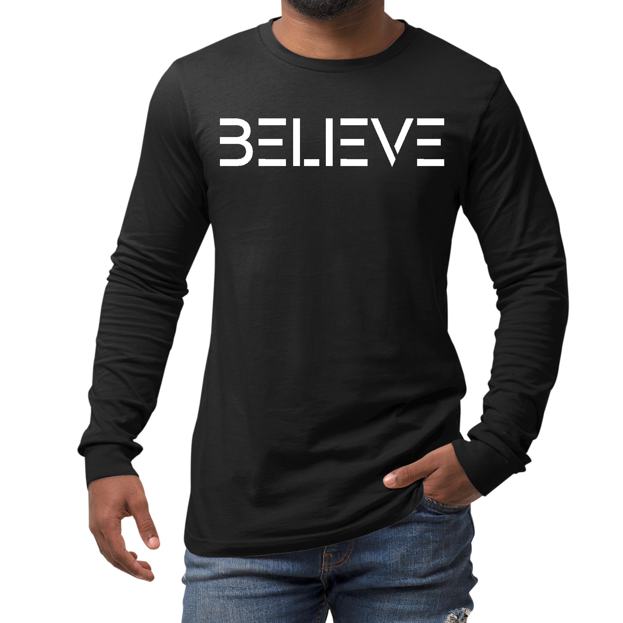 Men's long sleeve graphic t-shirt featuring a white 'Believe' print, made from soft preshrunk cotton for comfort and durability.