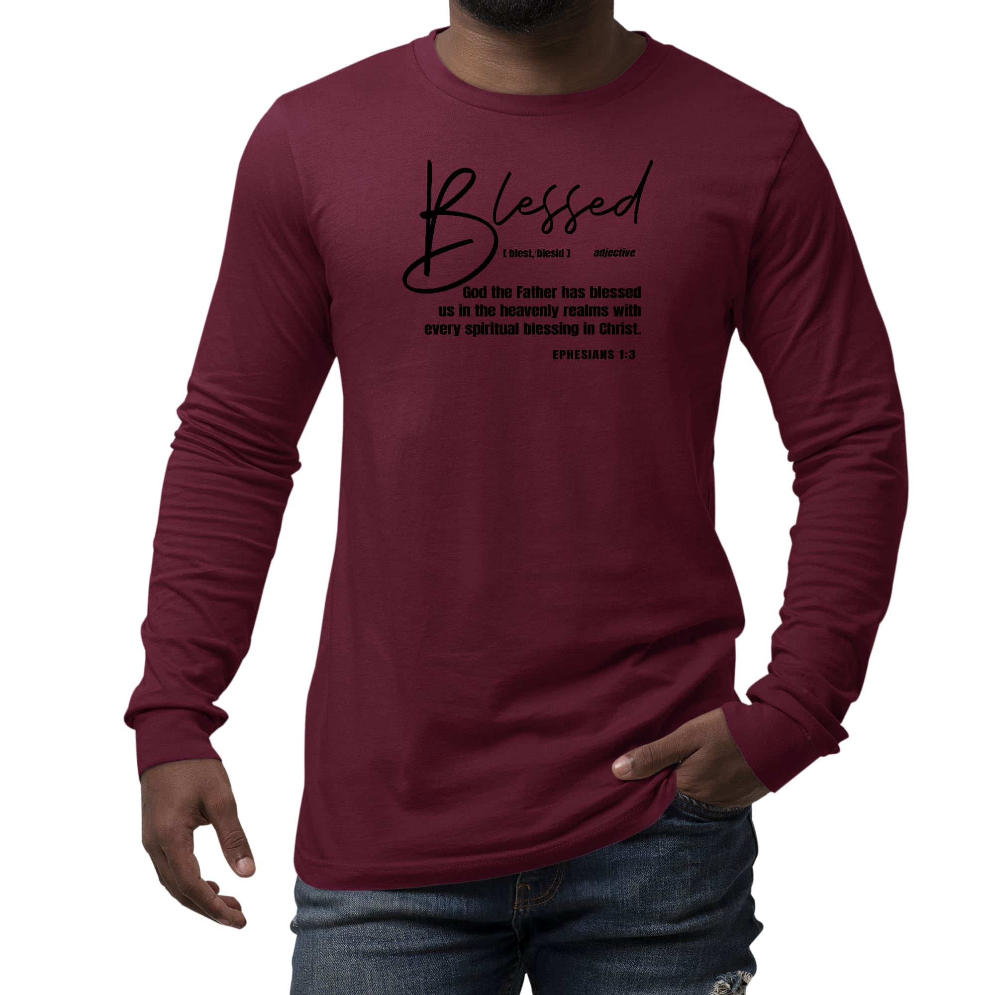 Men's Long Sleeve Graphic T-shirt featuring 'Blessed in Christ' illustration in black, made from soft cotton fabric.