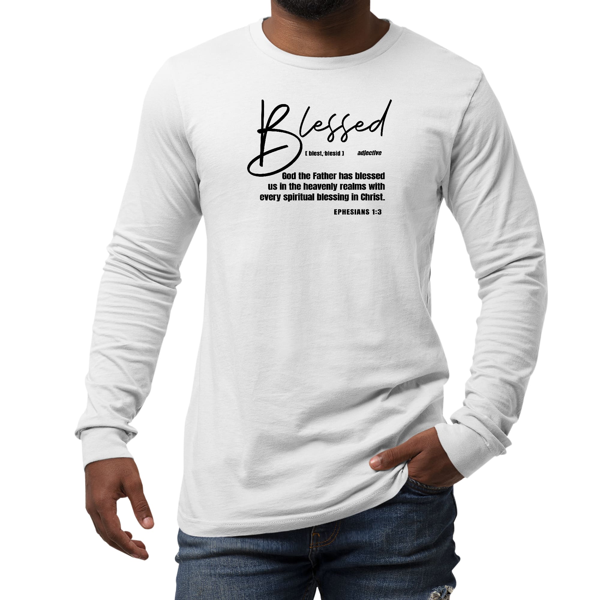 Men's Long Sleeve Graphic T-shirt featuring 'Blessed in Christ' illustration in black, made from soft cotton fabric.