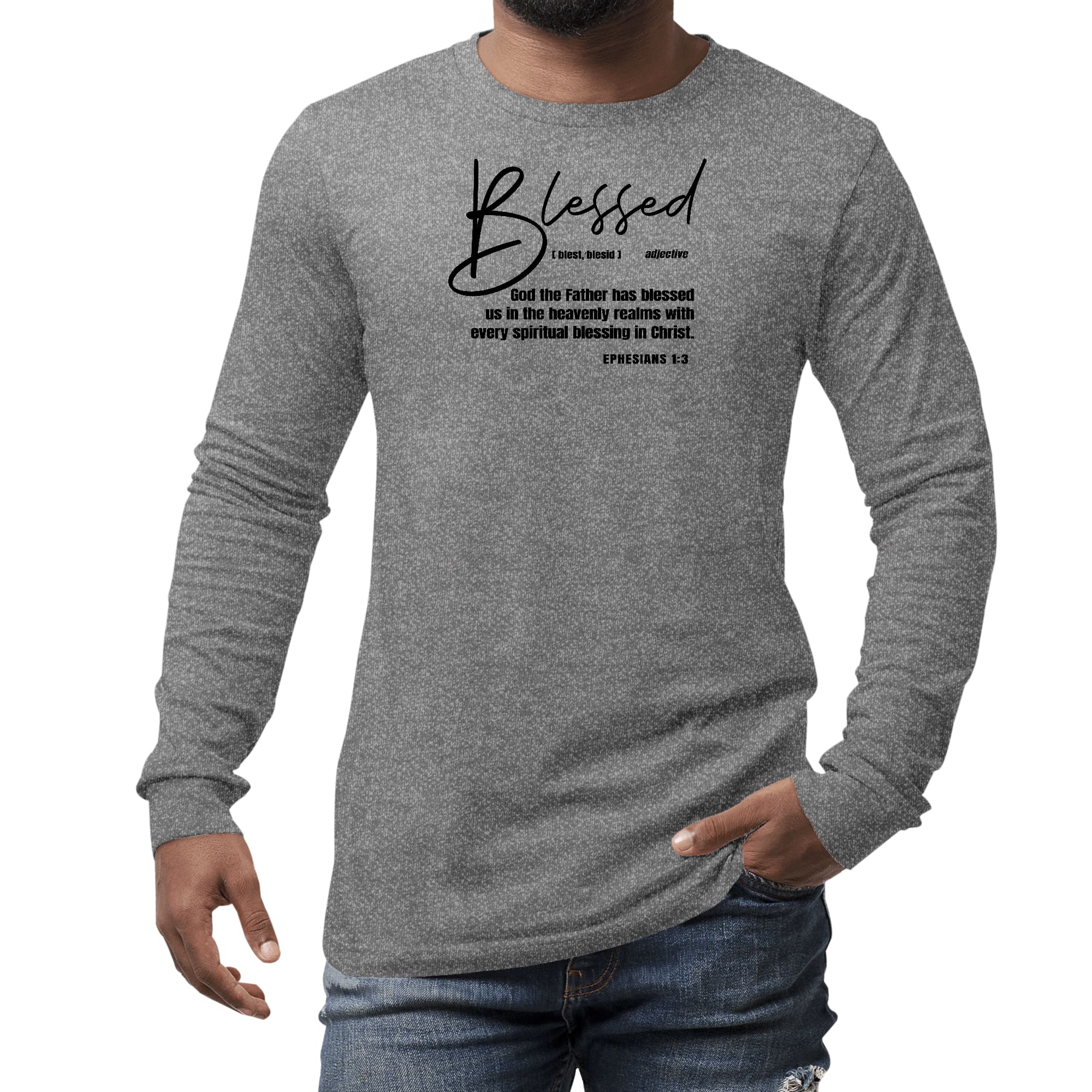 Men's Long Sleeve Graphic T-shirt featuring 'Blessed in Christ' illustration in black, made from soft cotton fabric.