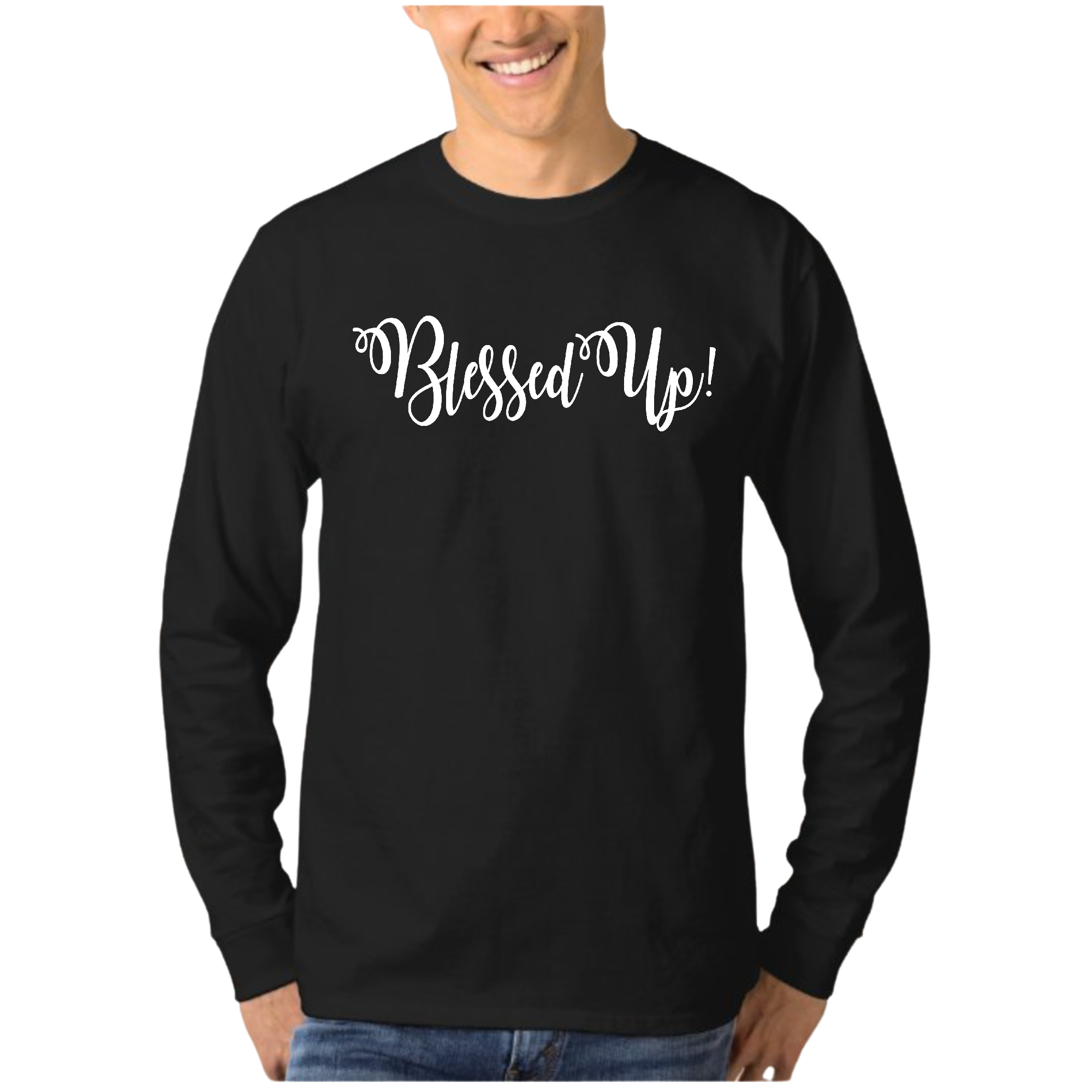 Men's Long Sleeve Graphic T-shirt featuring the motivational quote 'Blessed Up' in a stylish design, made from soft preshrunk cotton.