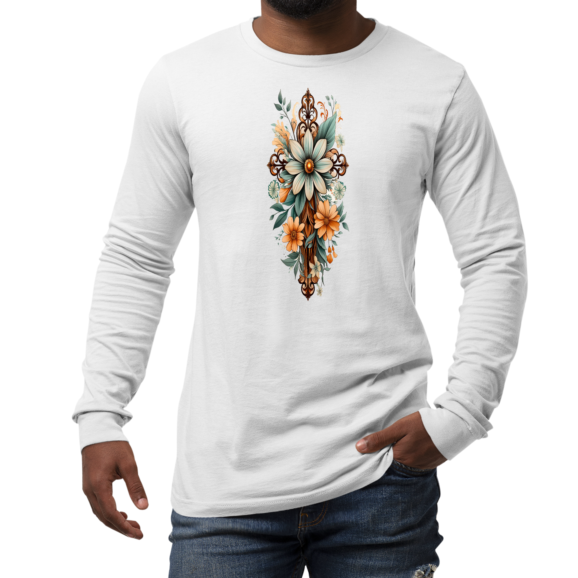 Men's Long Sleeve Graphic T-shirt featuring a Christian Cross Floral Bouquet design in green and brown colors, perfect for all seasons.