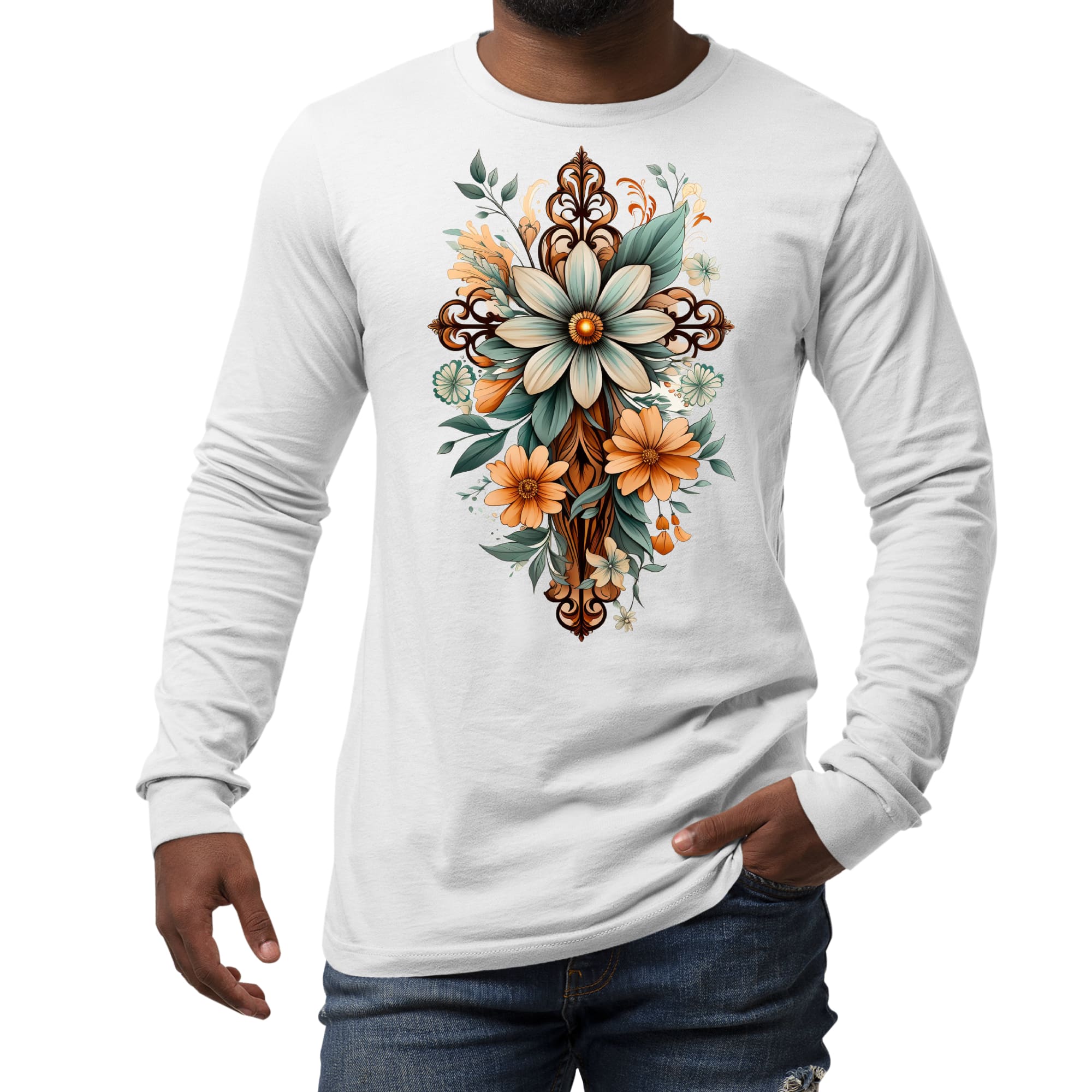 Men's Long Sleeve Graphic T-shirt featuring a Christian Cross Floral Bouquet design in green and brown colors, perfect for all seasons.