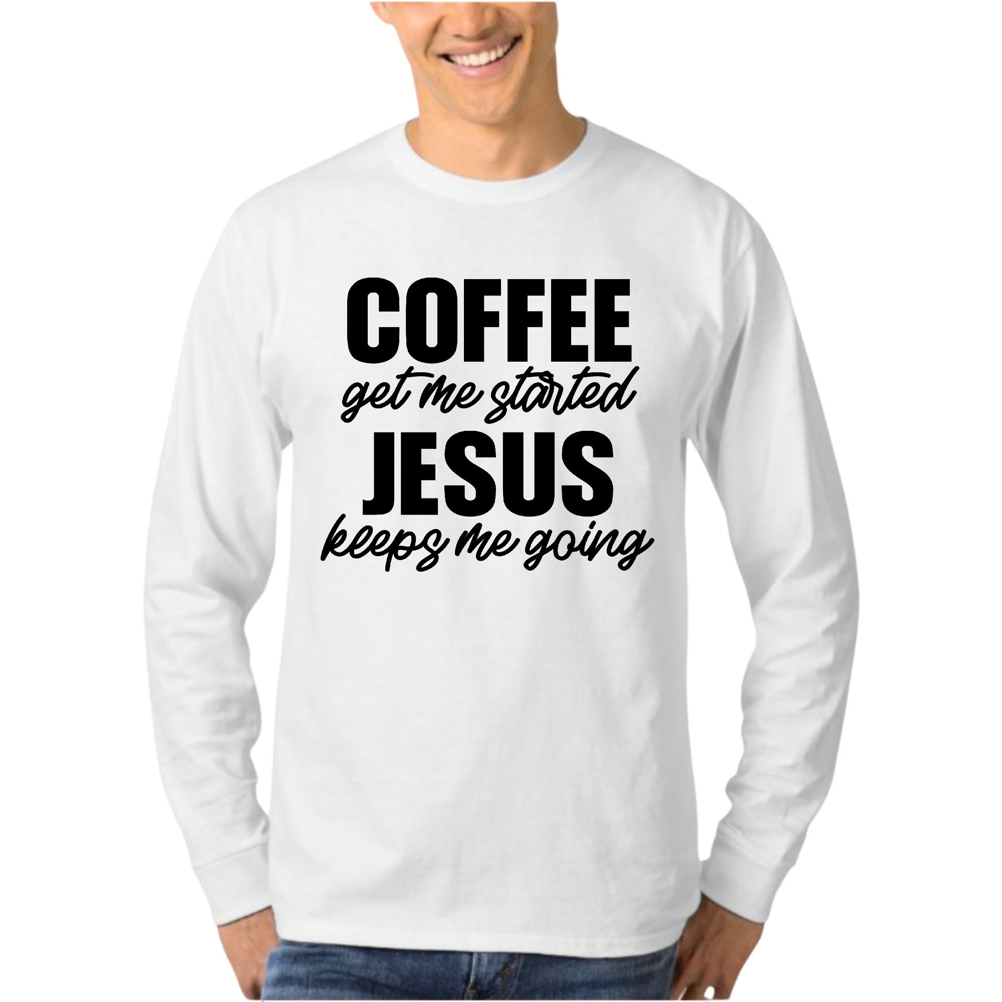 Men's Long Sleeve Graphic T-shirt with 'Coffee Get me Started, Jesus Keeps' design, showcasing a comfortable fit and stylish look.