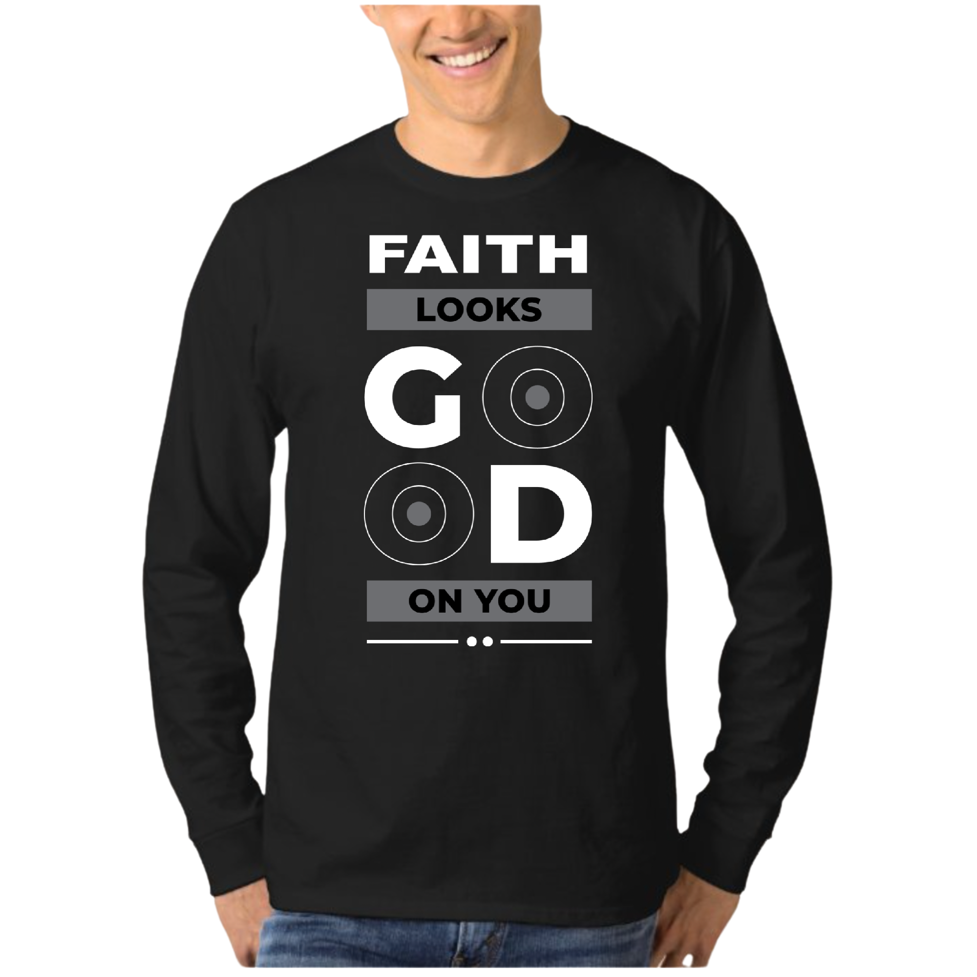 Men's Long Sleeve Graphic T-shirt featuring the phrase 'Faith Looks Good' in a stylish design, made from soft cotton material.