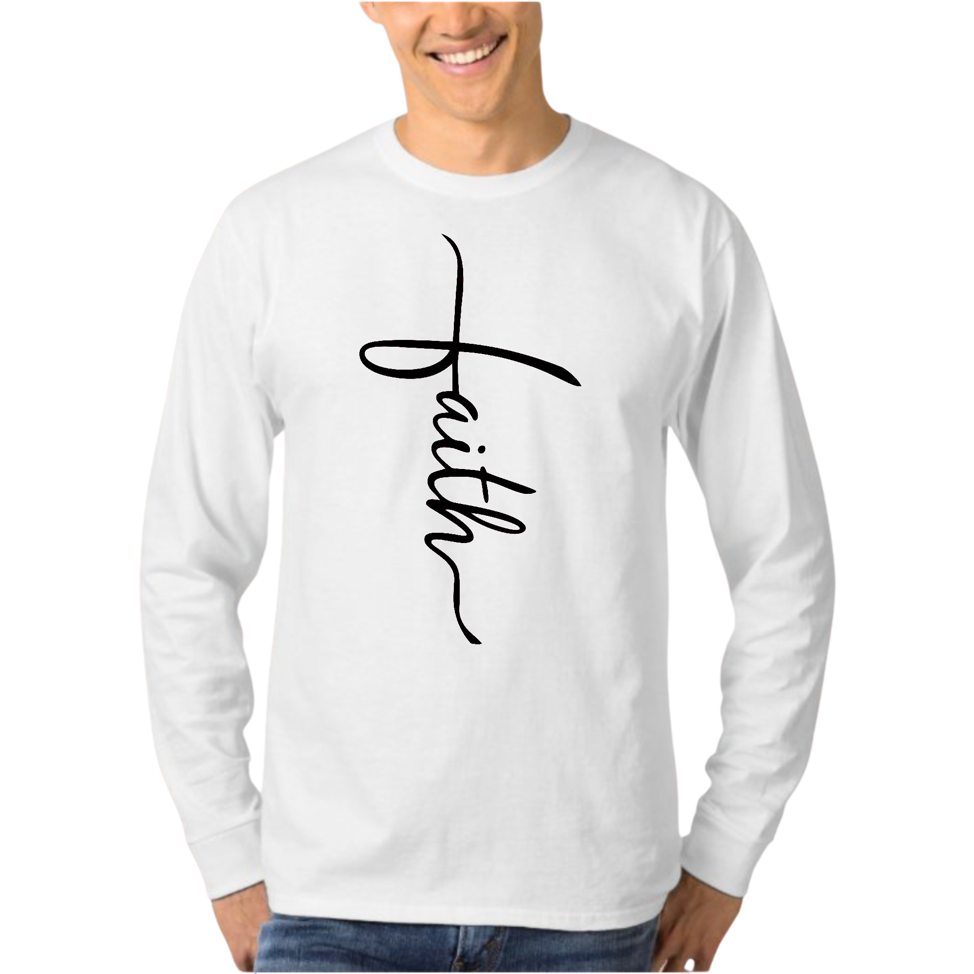 Men's long sleeve graphic t-shirt in black featuring a Faith Script Cross illustration, showcasing a stylish and comfortable design.