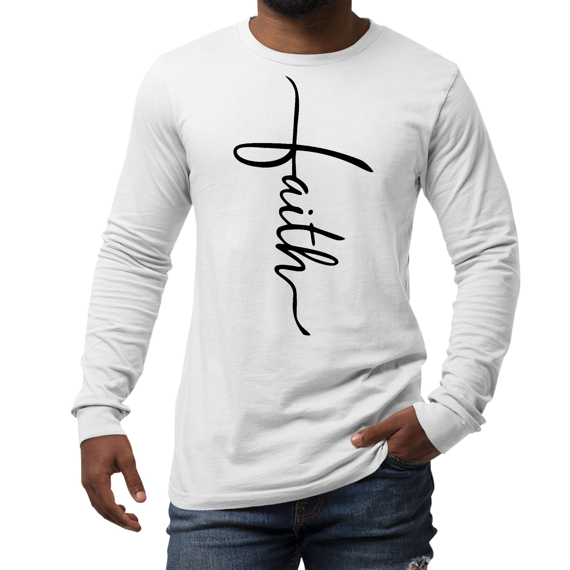 Men's long sleeve graphic t-shirt in black featuring a Faith Script Cross illustration, showcasing a stylish and comfortable design.