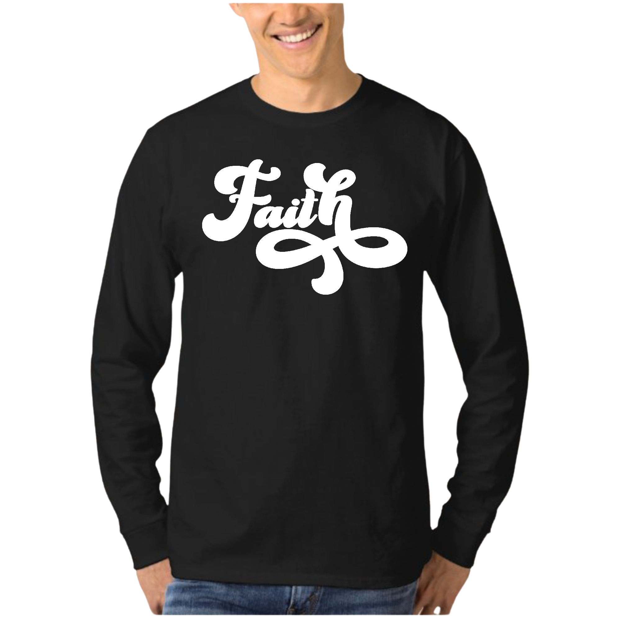 Men's Long Sleeve Graphic T-shirt featuring a Faith Script illustration, showcasing soft cotton fabric and a stylish design.