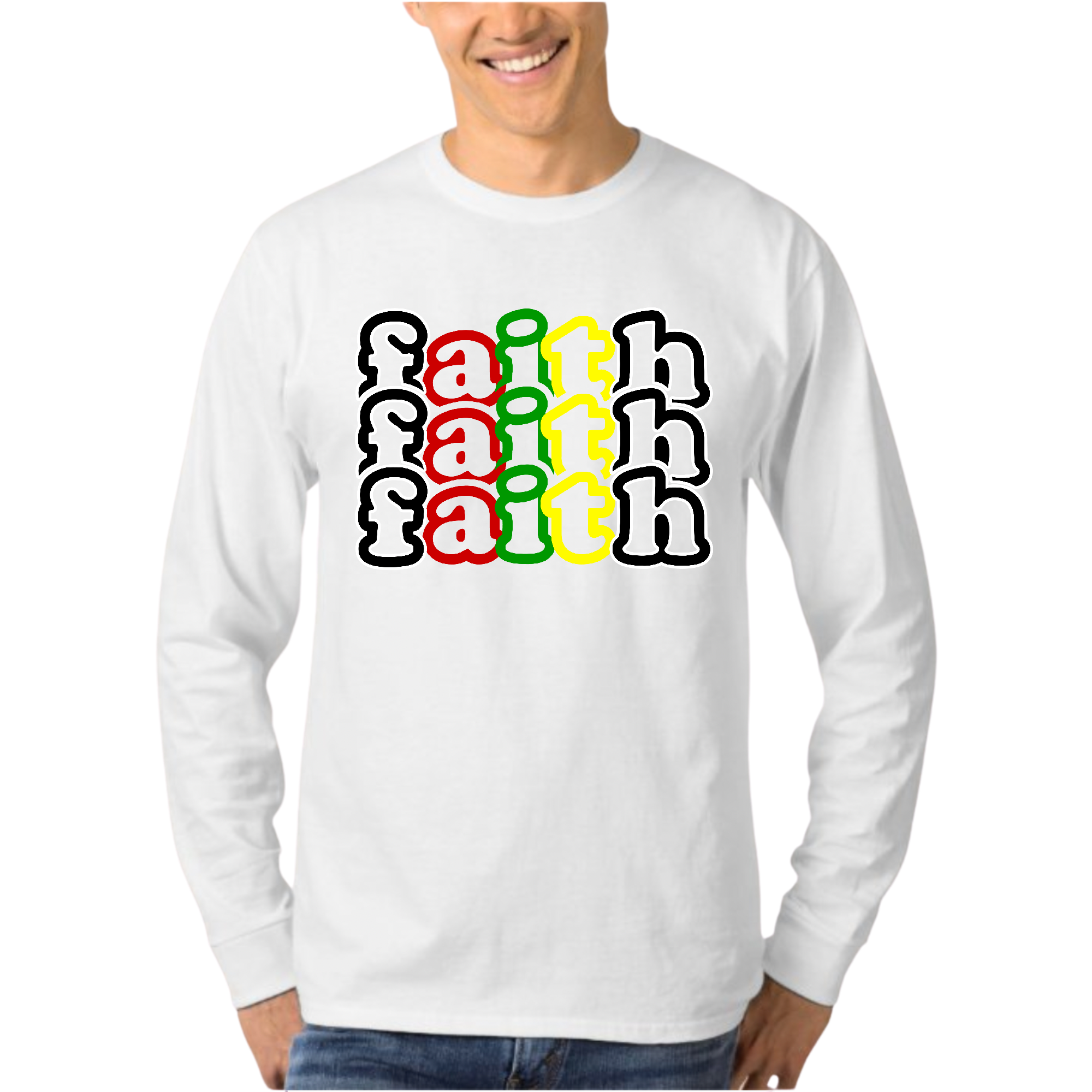 Men's Long Sleeve Graphic T-shirt in black featuring a multicolor Faith Stack design, showcasing comfort and style.