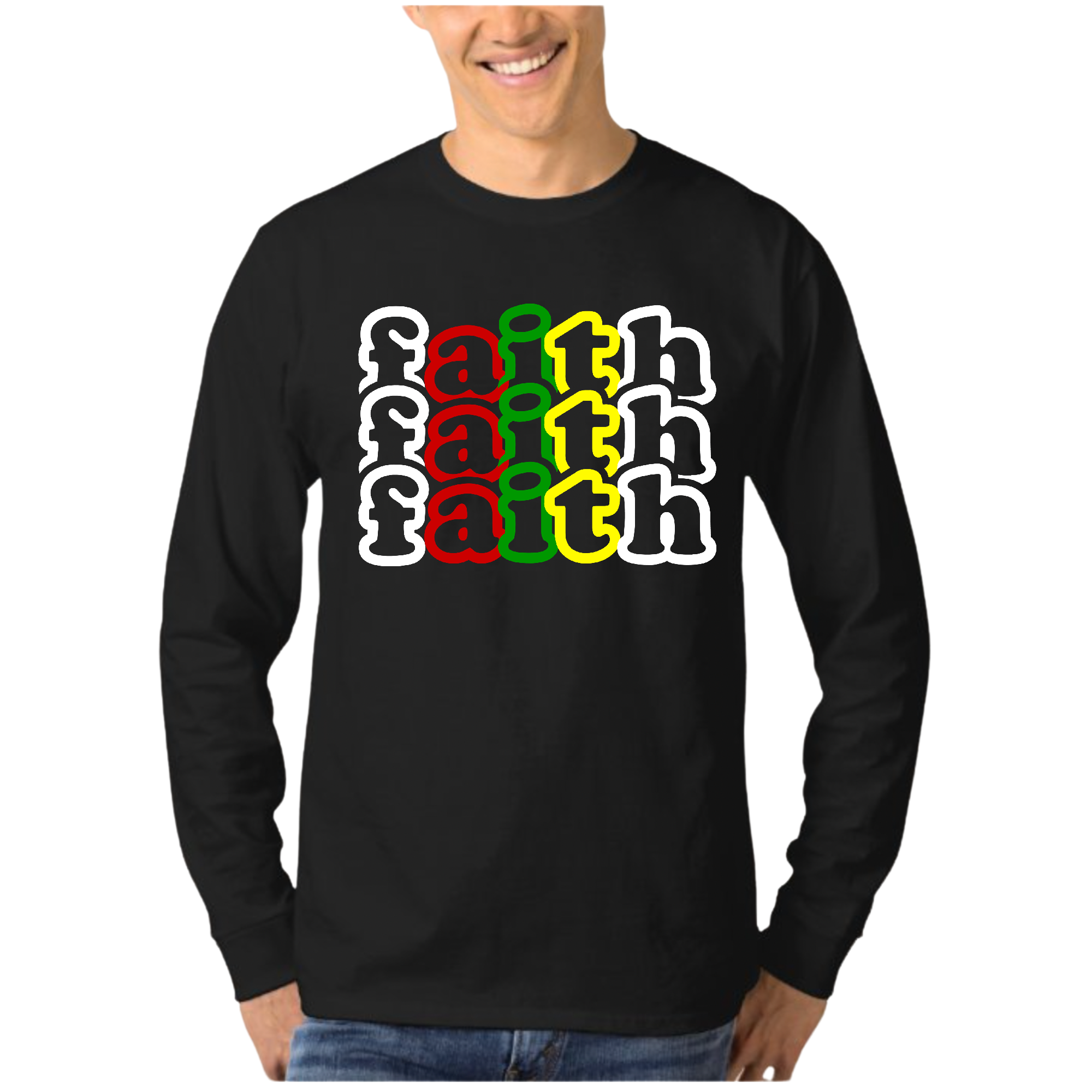 Men's Long Sleeve Graphic T-shirt featuring a colorful Faith Stack illustration, made from soft preshrunk cotton for comfort.