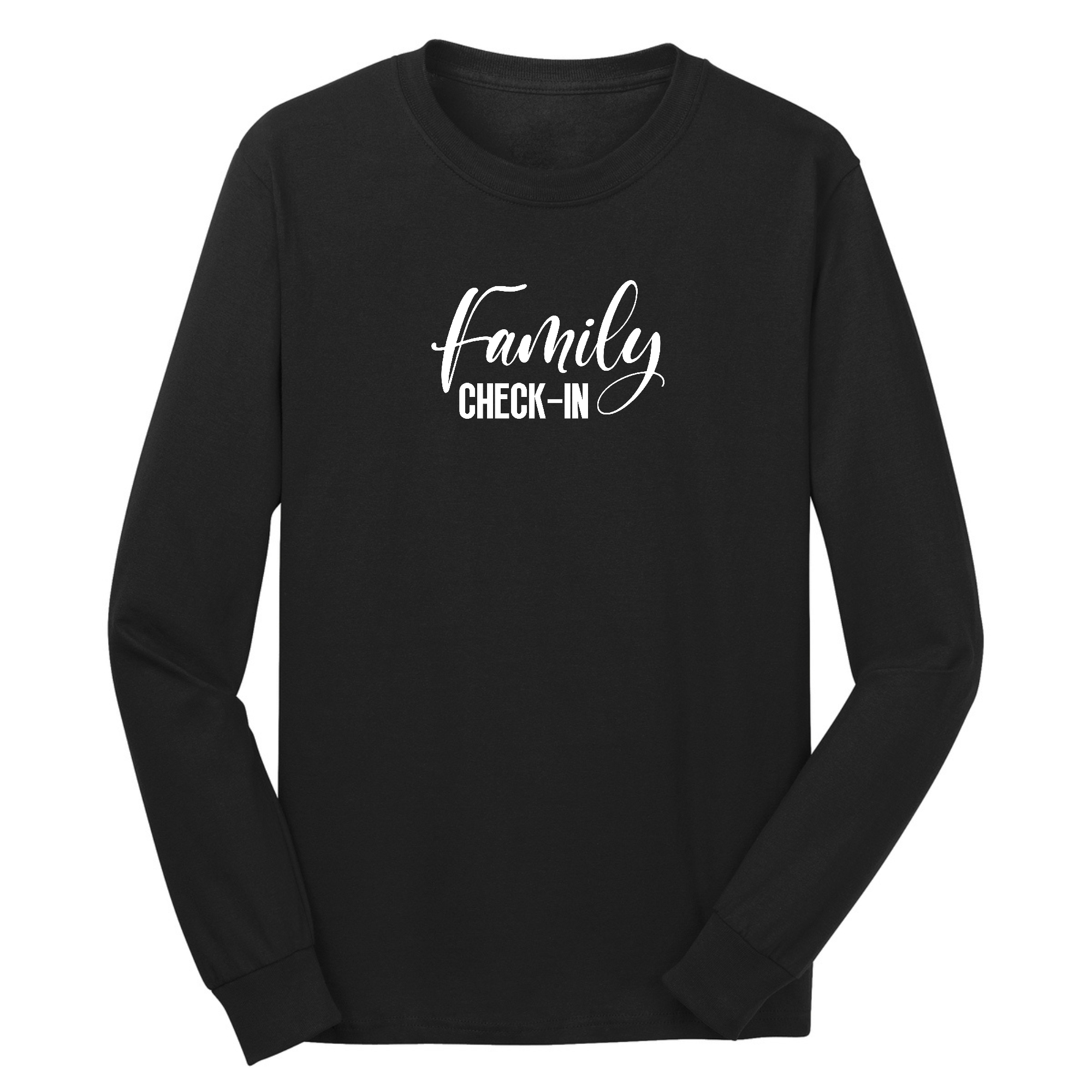 Men's Long Sleeve Graphic T-shirt featuring a Family Check-in illustration, showcasing a comfortable and stylish design for family events.