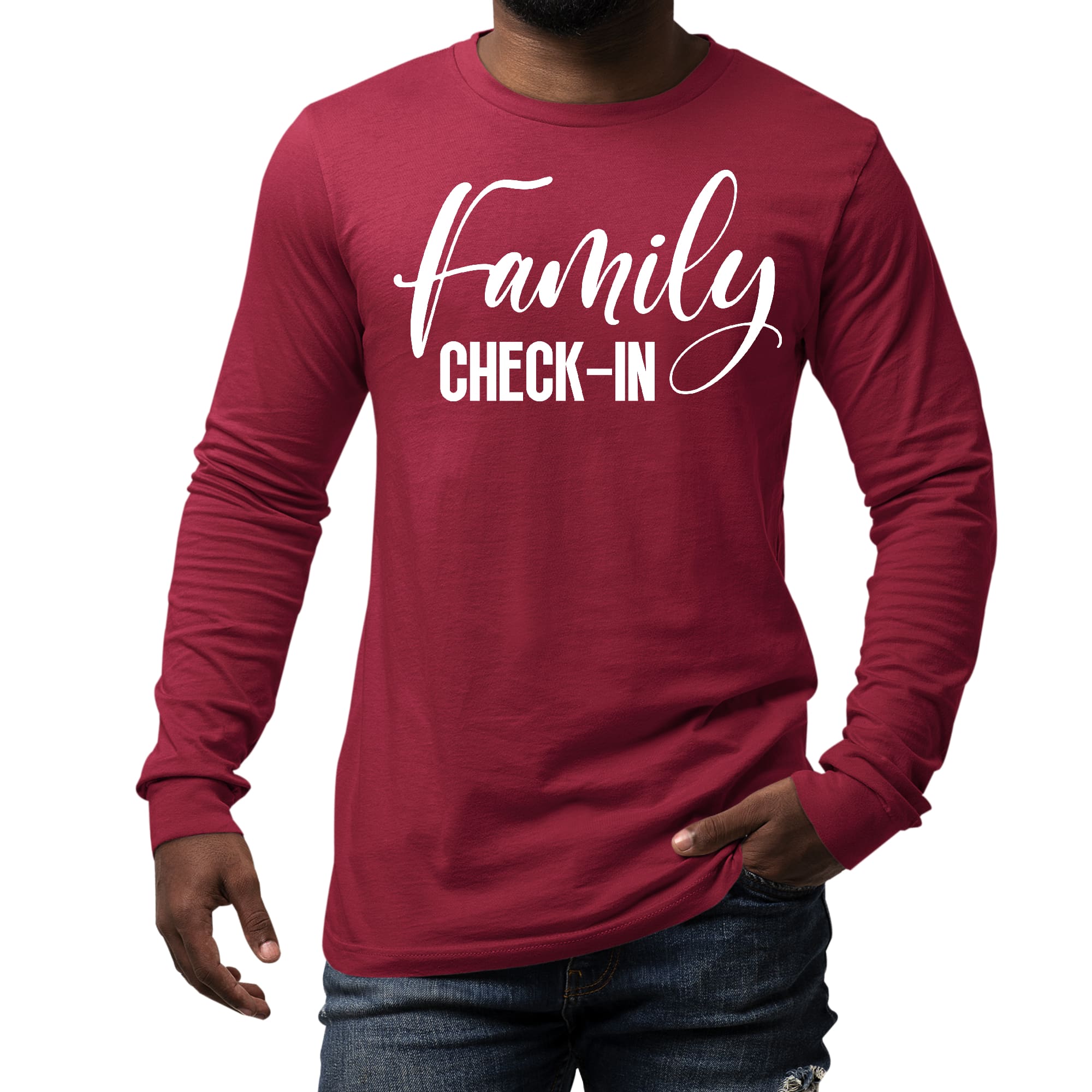 Men's Long Sleeve Graphic T-shirt featuring a Family Check-in illustration, showcasing a comfortable and stylish design for family events.