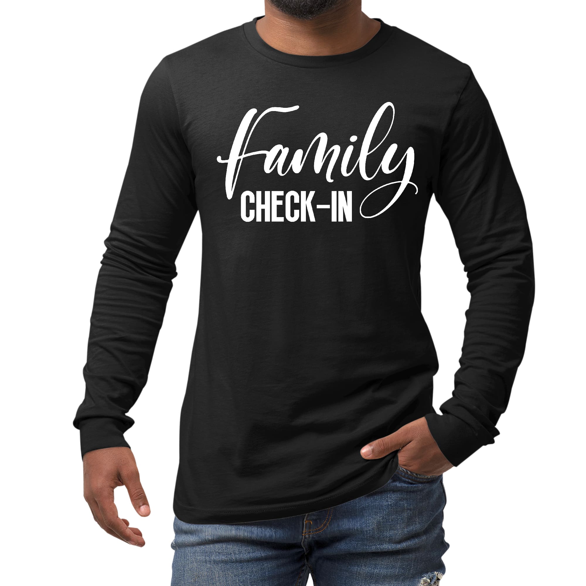 Men's Long Sleeve Graphic T-shirt featuring a Family Check-in illustration, showcasing a comfortable and stylish design for family events.