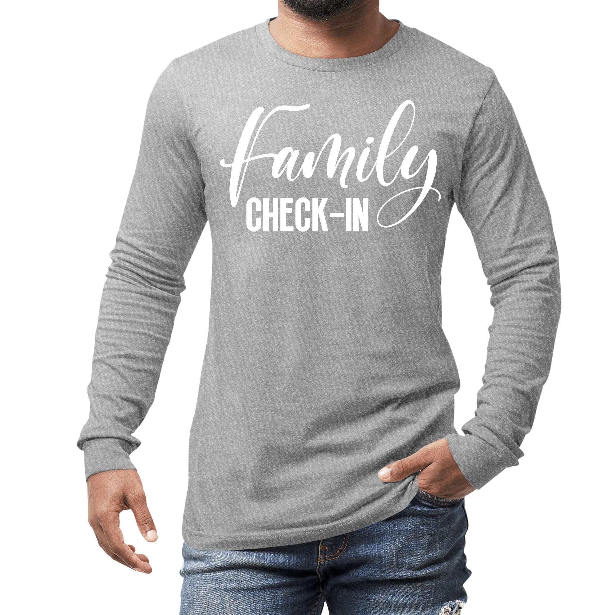 Men's Long Sleeve Graphic T-shirt featuring a Family Check-in illustration, showcasing a comfortable and stylish design for family events.