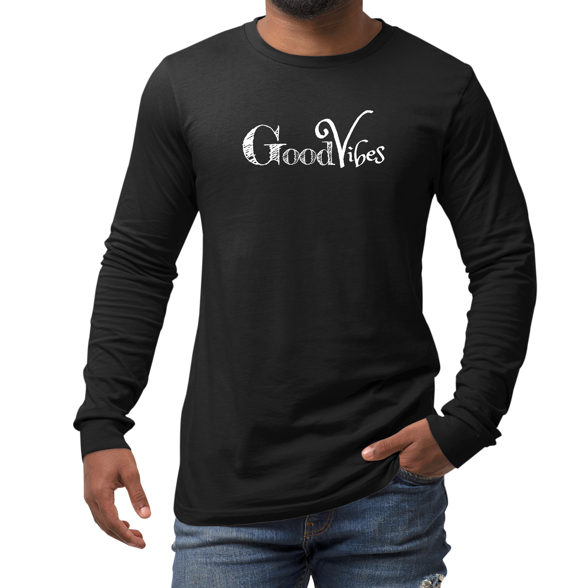 Men's Long Sleeve Graphic T-shirt featuring Good Vibes white print, showcasing a stylish and comfortable design suitable for all seasons.