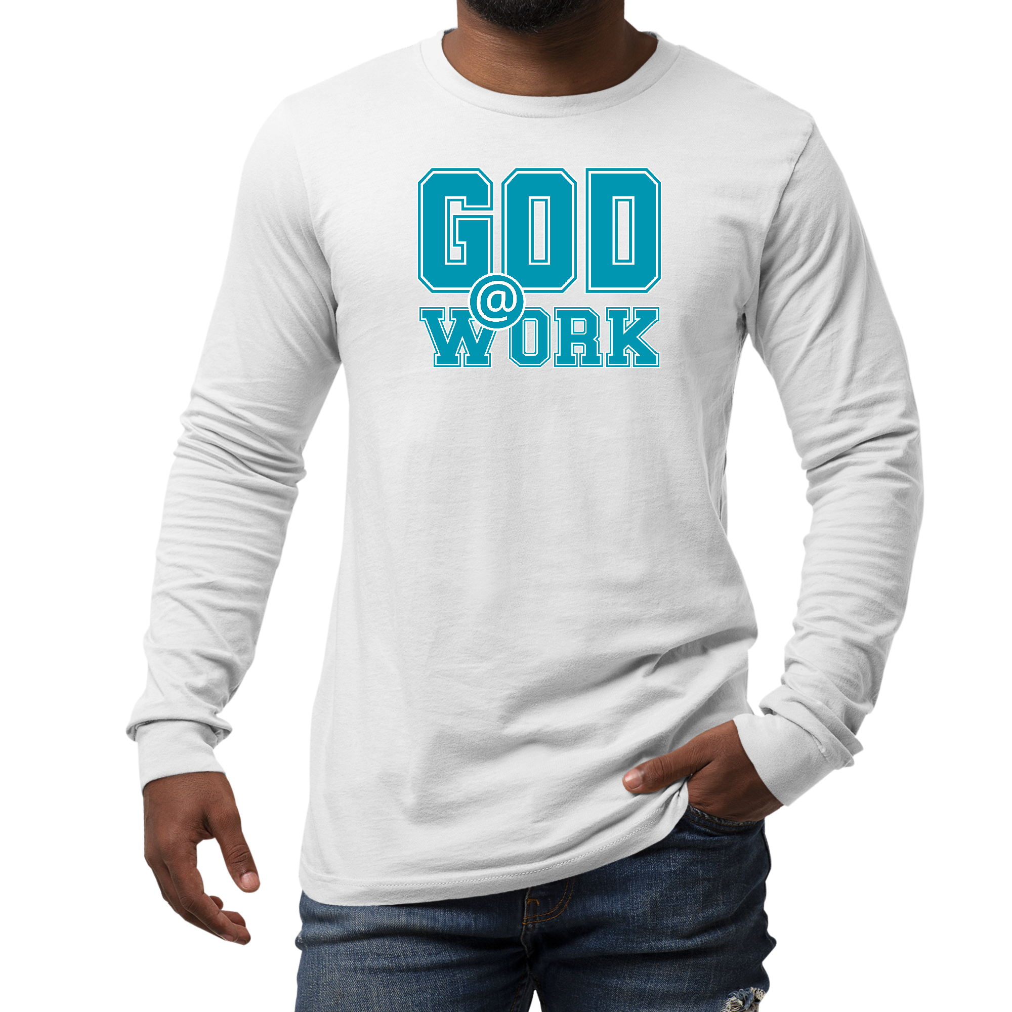 Men's Long Sleeve Graphic T-shirt in blue, green, and white with 'God @ Work' print, showcasing a stylish and comfortable design.