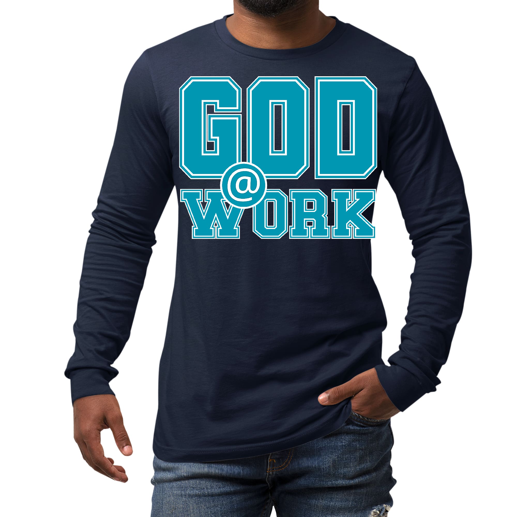 Men's Long Sleeve Graphic T-shirt in blue, green, and white with 'God @ Work' print, showcasing a stylish and comfortable design.