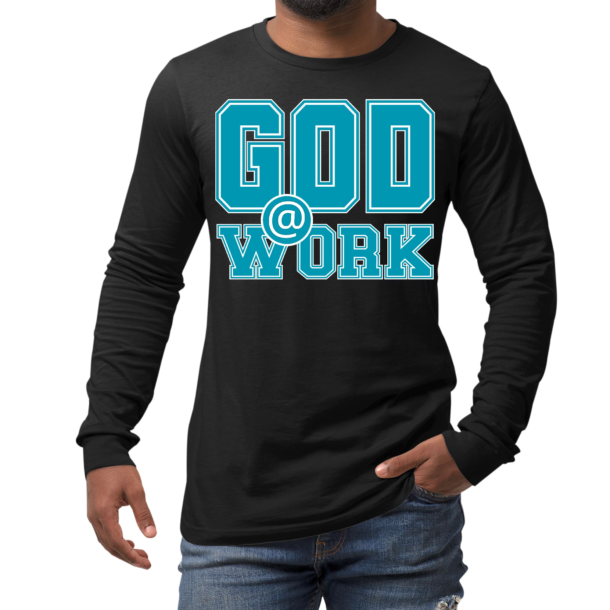 Men's Long Sleeve Graphic T-shirt in blue, green, and white with 'God @ Work' print, showcasing a stylish and comfortable design.