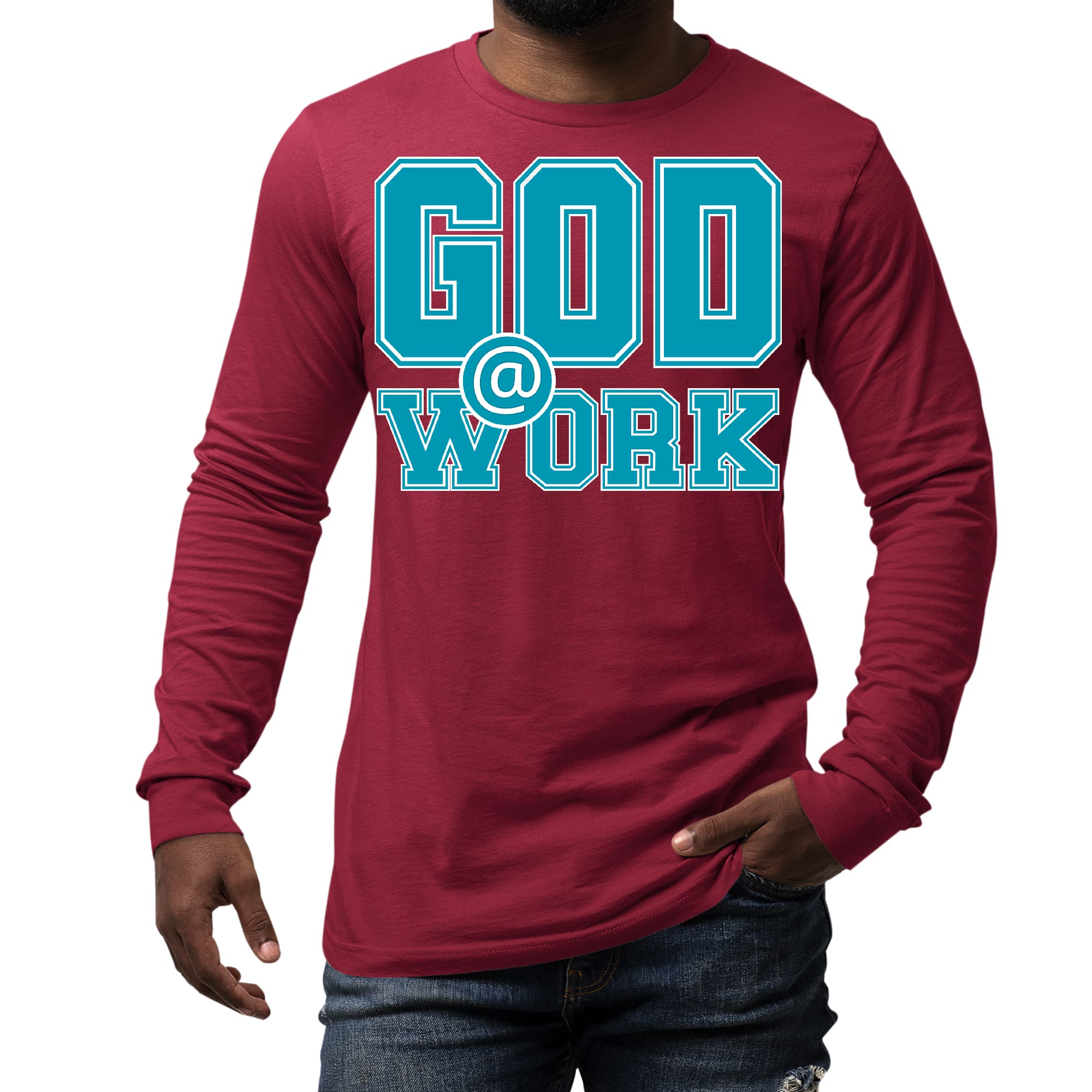 Men's Long Sleeve Graphic T-shirt in blue, green, and white with 'God @ Work' print, showcasing a stylish and comfortable design.