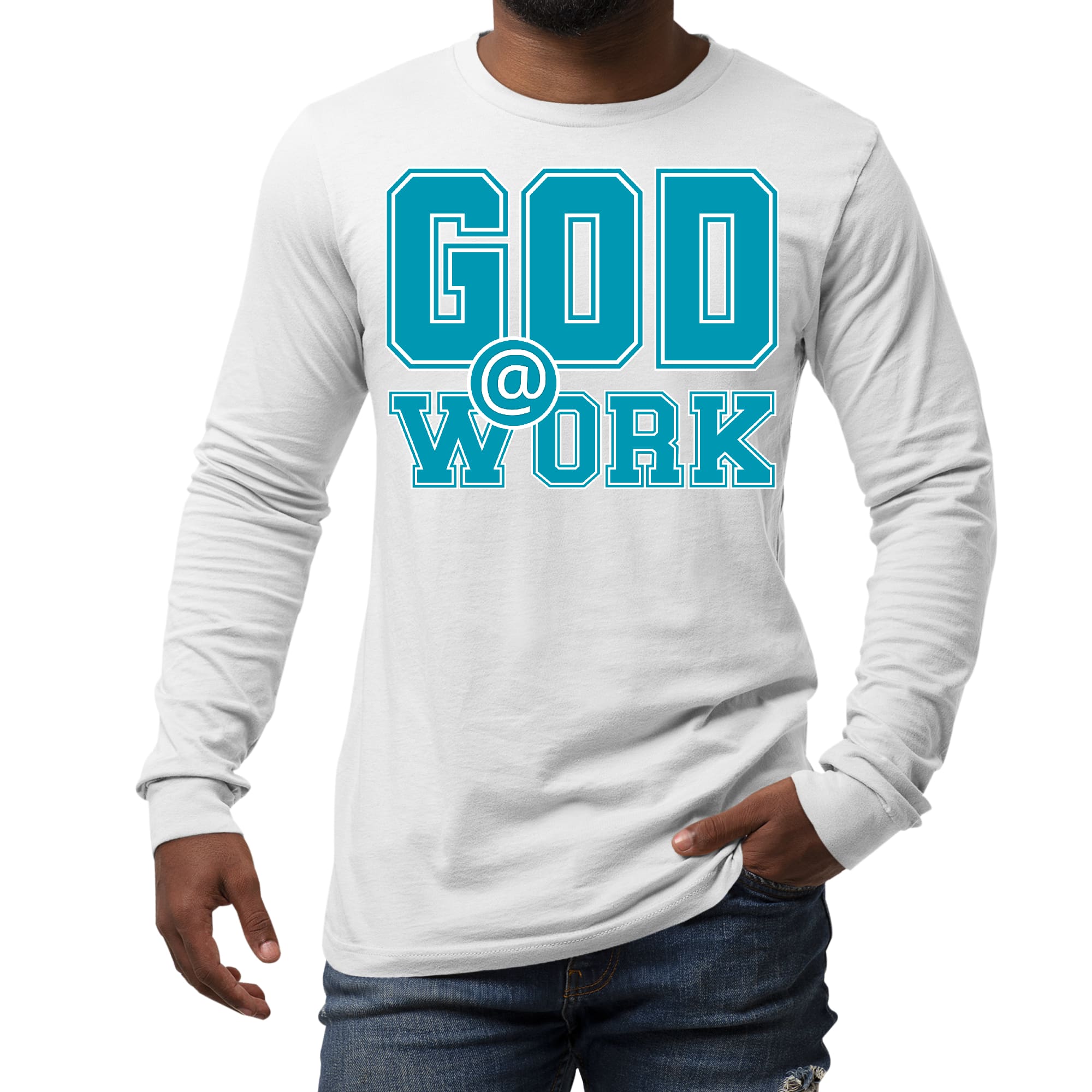 Men's Long Sleeve Graphic T-shirt in blue, green, and white with 'God @ Work' print, showcasing a stylish and comfortable design.