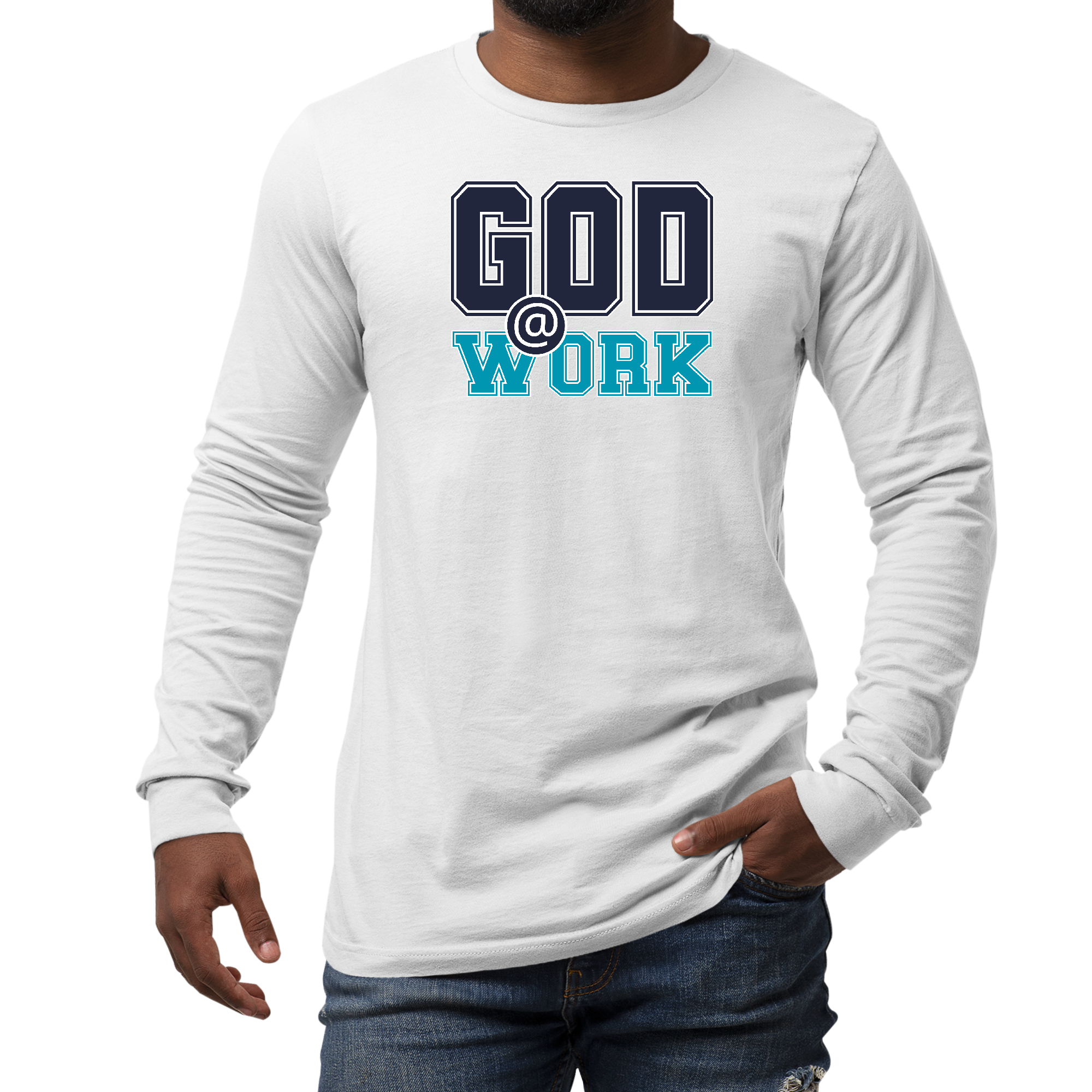 Men's long sleeve graphic t-shirt in navy blue and blue-green with 'God @ Work' print, showcasing a stylish and comfortable design.