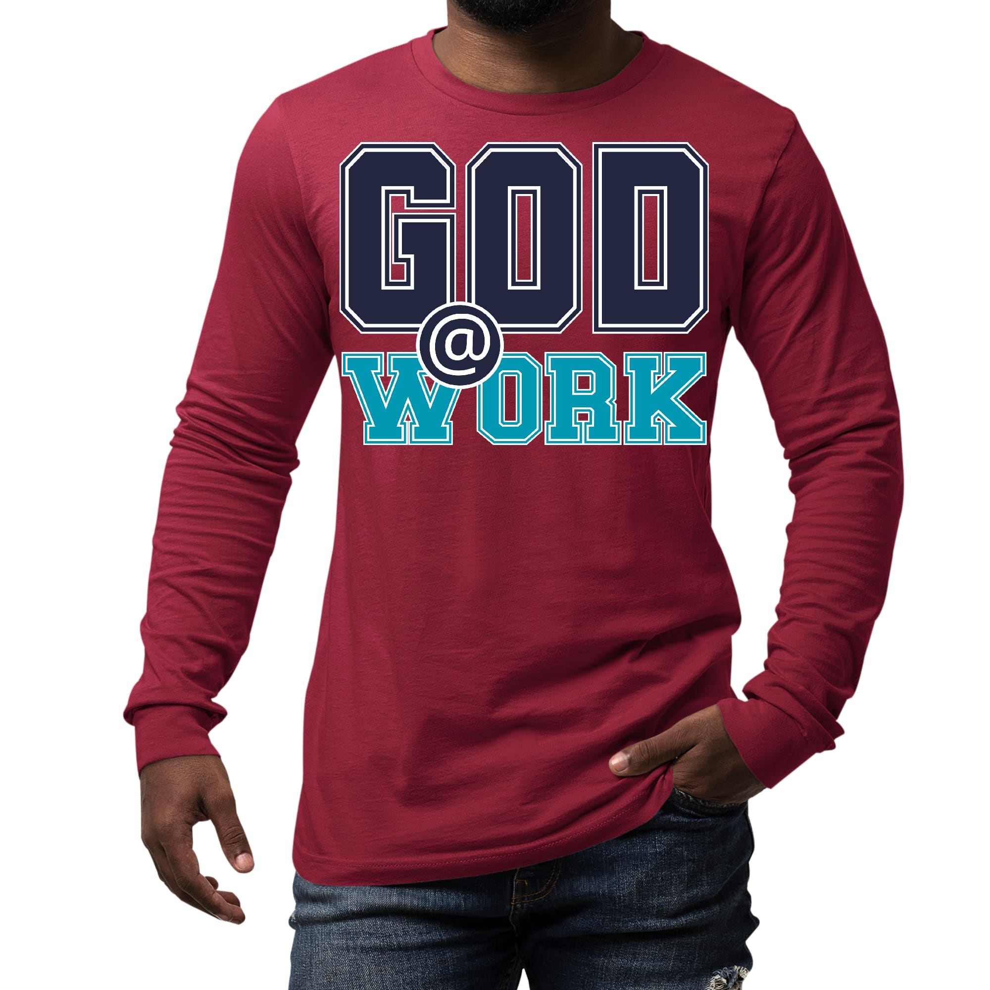 Men's long sleeve graphic t-shirt in navy blue and blue-green with 'God @ Work' print, showcasing a stylish and comfortable design.