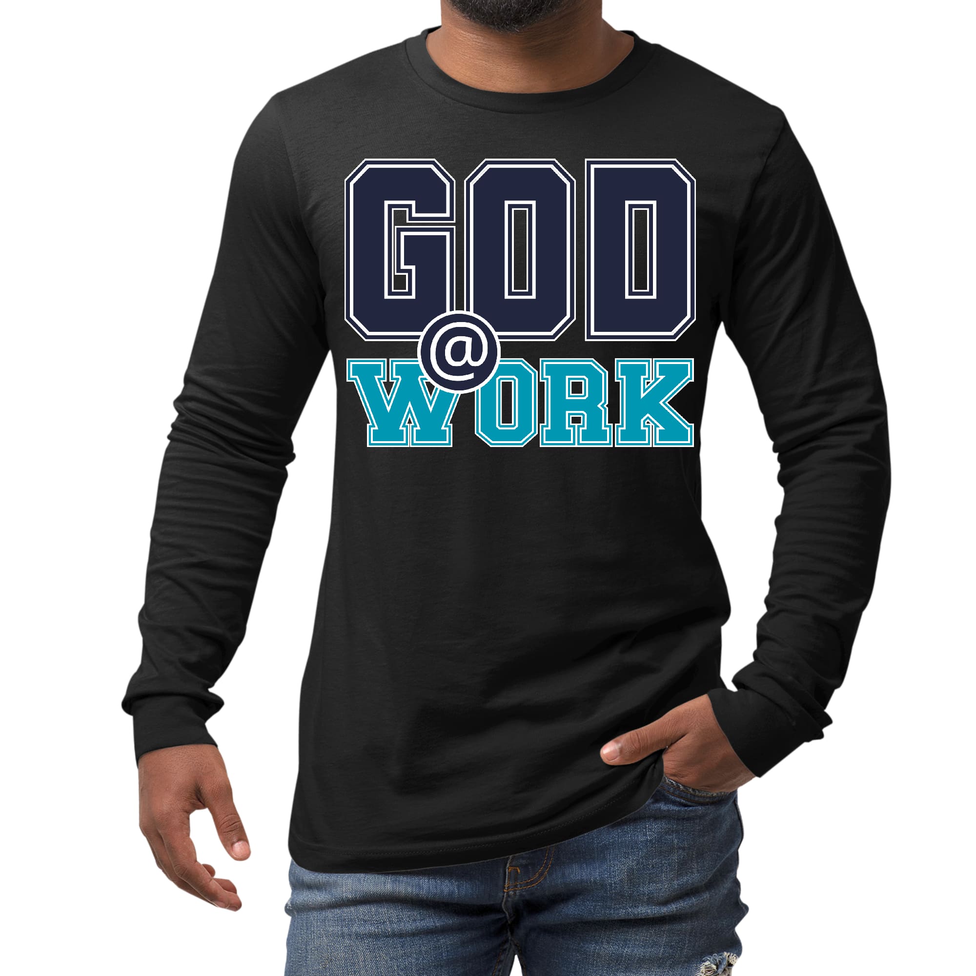 Men's long sleeve graphic t-shirt in navy blue and blue-green with 'God @ Work' print, showcasing a stylish and comfortable design.