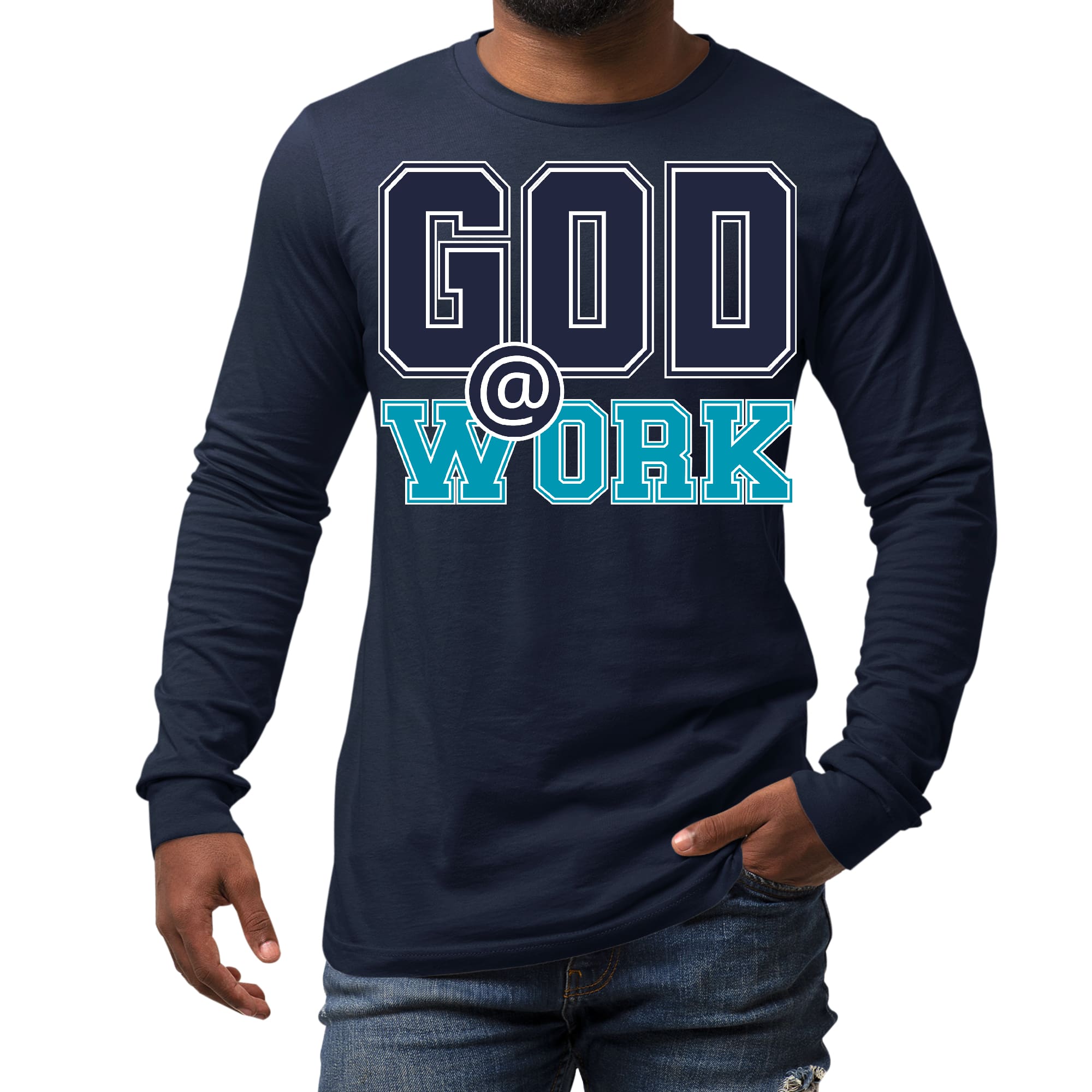 Men's long sleeve graphic t-shirt in navy blue and blue-green with 'God @ Work' print, showcasing a stylish and comfortable design.