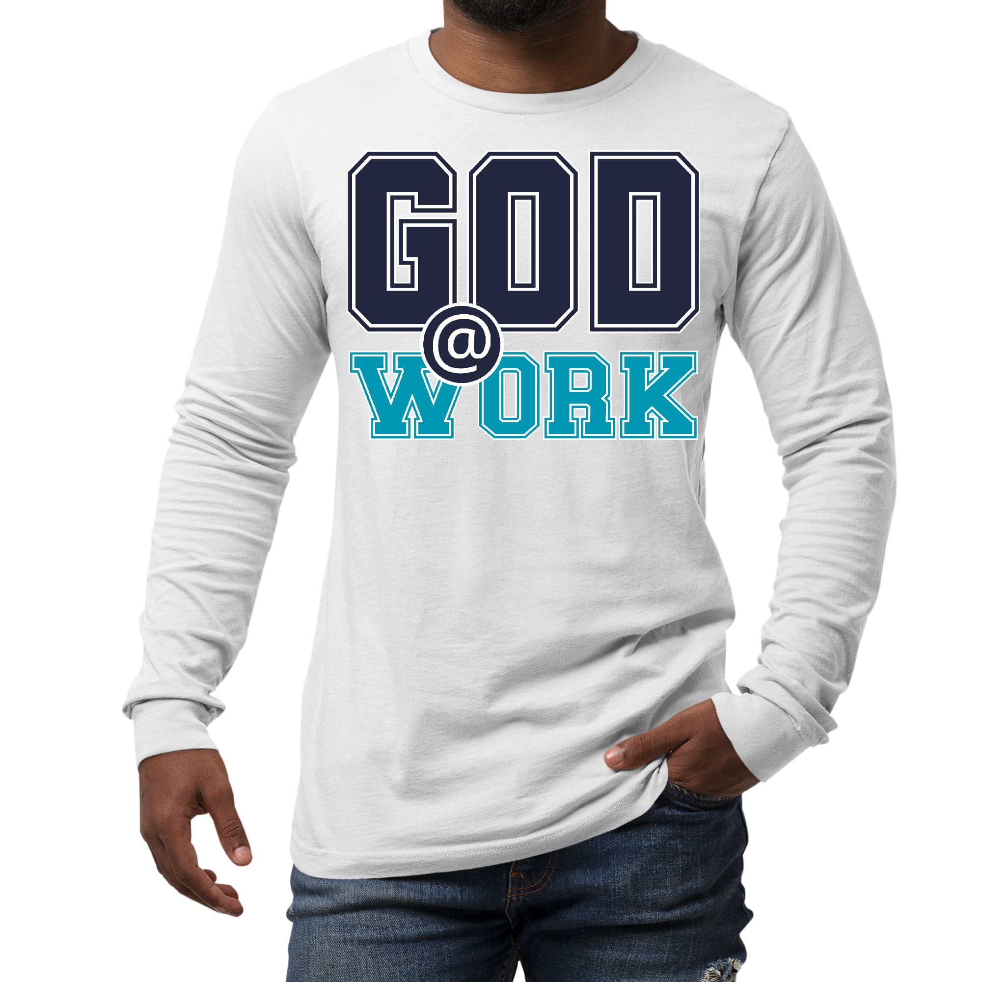 Men's long sleeve graphic t-shirt in navy blue and blue-green with 'God @ Work' print, showcasing a stylish and comfortable design.