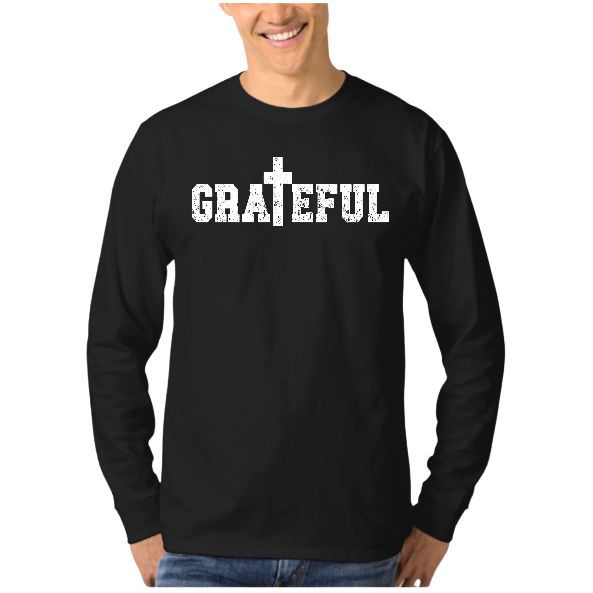 Men's long sleeve graphic t-shirt featuring a Grateful print, showcasing its soft cotton fabric and stylish design.