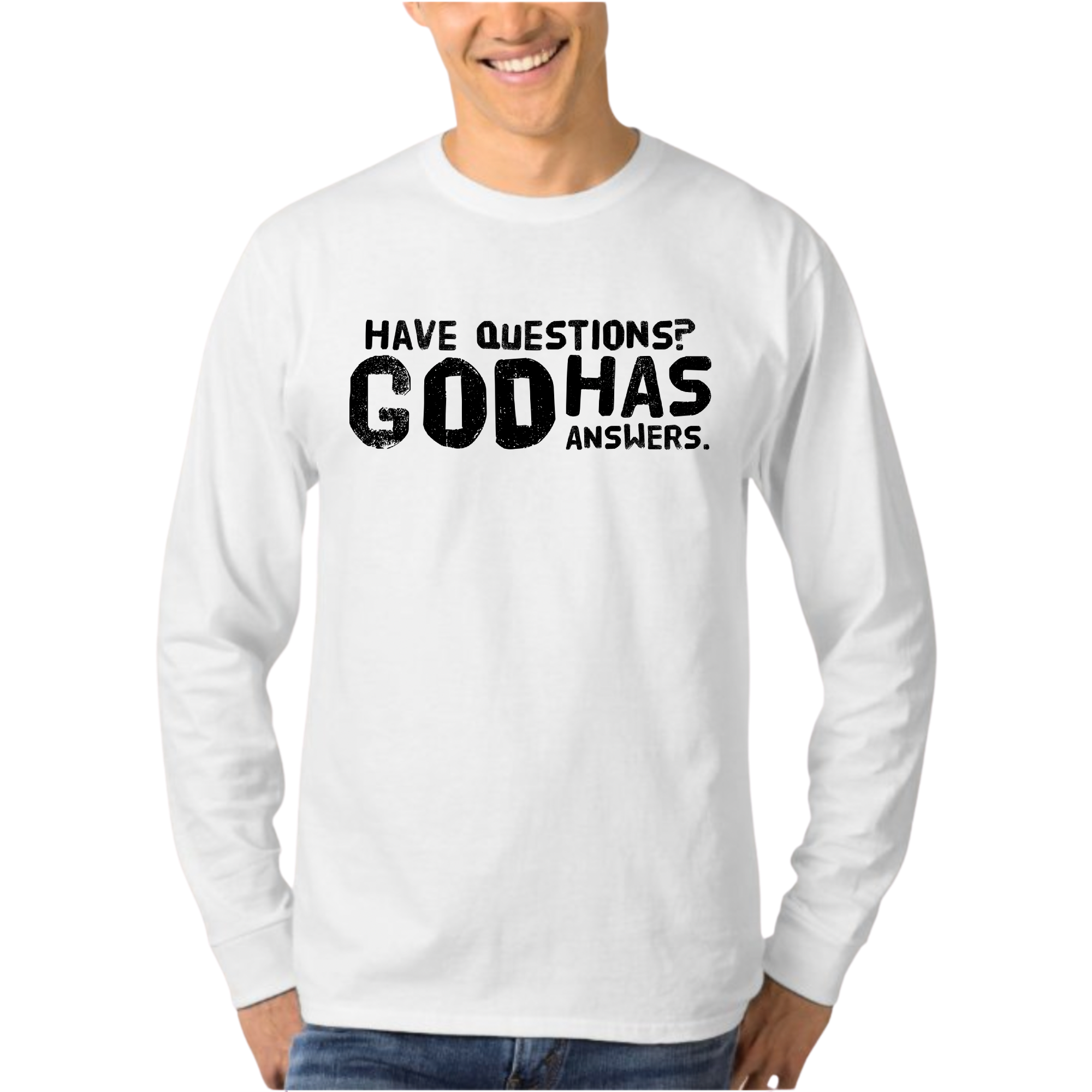 Men's Long Sleeve Graphic T-shirt in black featuring 'Questions God has Answers' print, made from soft preshrunk cotton for comfort.