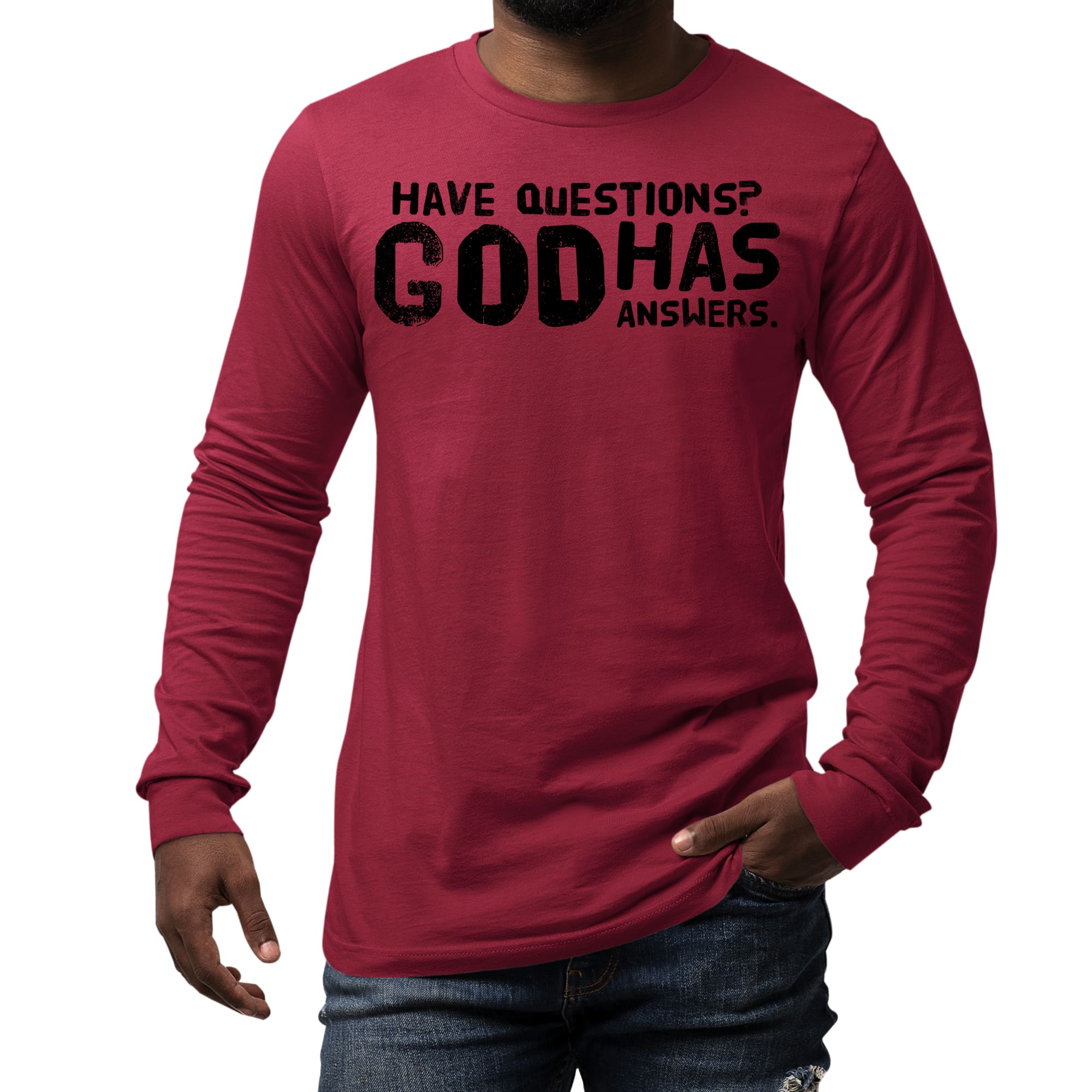 Men's Long Sleeve Graphic T-shirt in black featuring 'Questions God has Answers' print, made from soft preshrunk cotton for comfort.