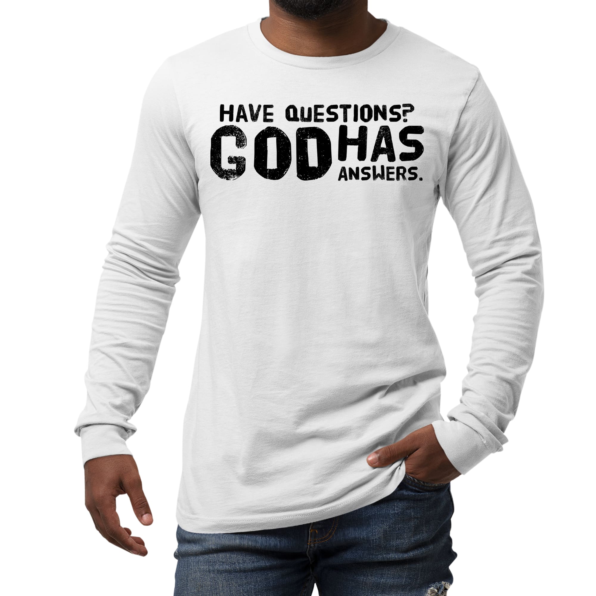 Men's Long Sleeve Graphic T-shirt in black featuring 'Questions God has Answers' print, made from soft preshrunk cotton for comfort.