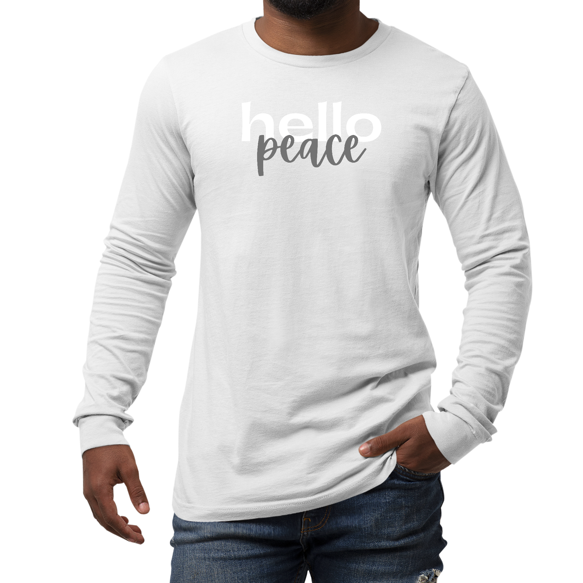 Mens Long Sleeve Graphic T-shirt in white and gray featuring Hello Peace design, perfect for casual wear.