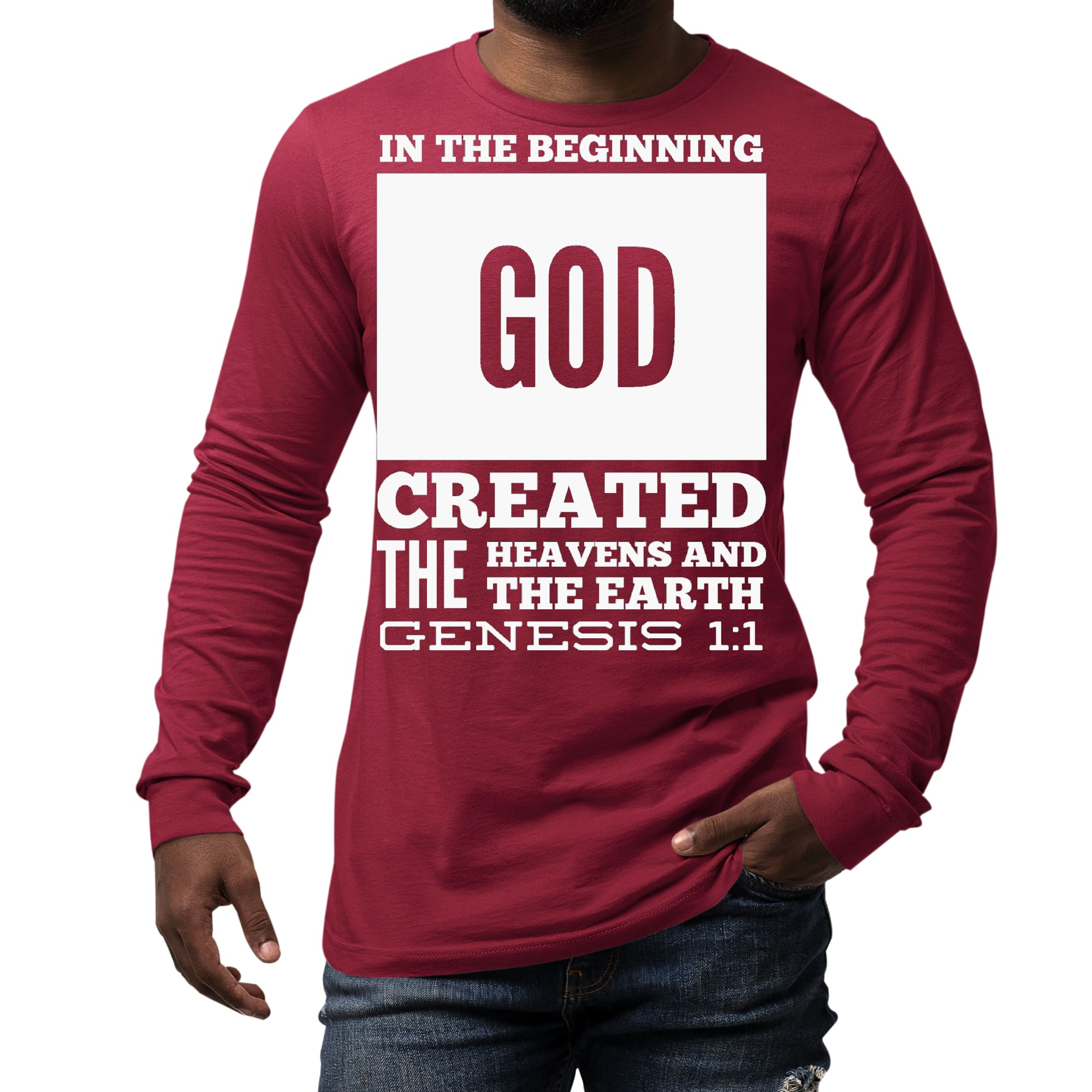 Men's long sleeve graphic t-shirt featuring 'In the Beginning' print, made from soft preshrunk cotton, showcasing a crewneck design.